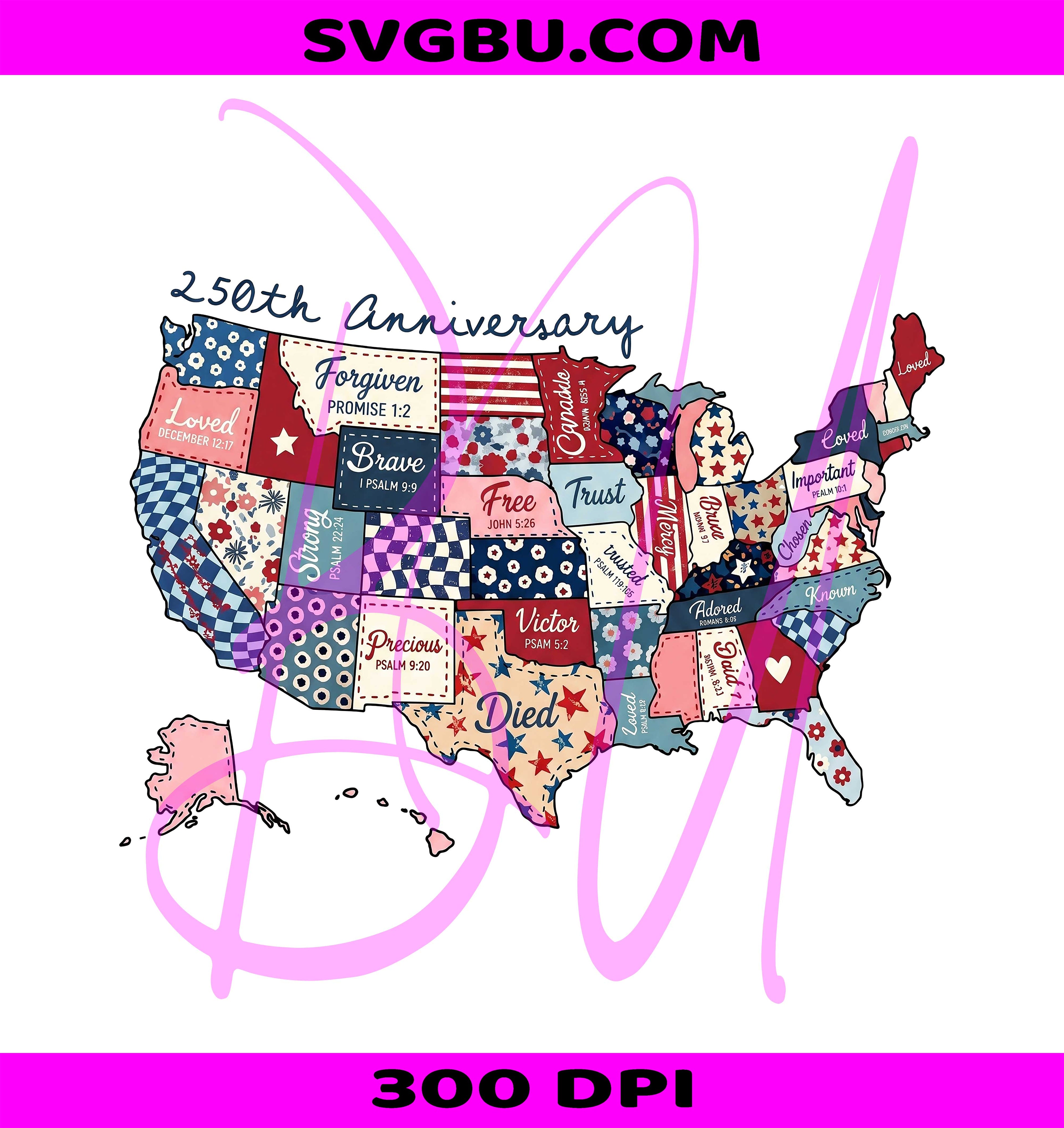 250th Anniversary PNG, Preppy USA Map PNG, Patriotic Patchwork PNG