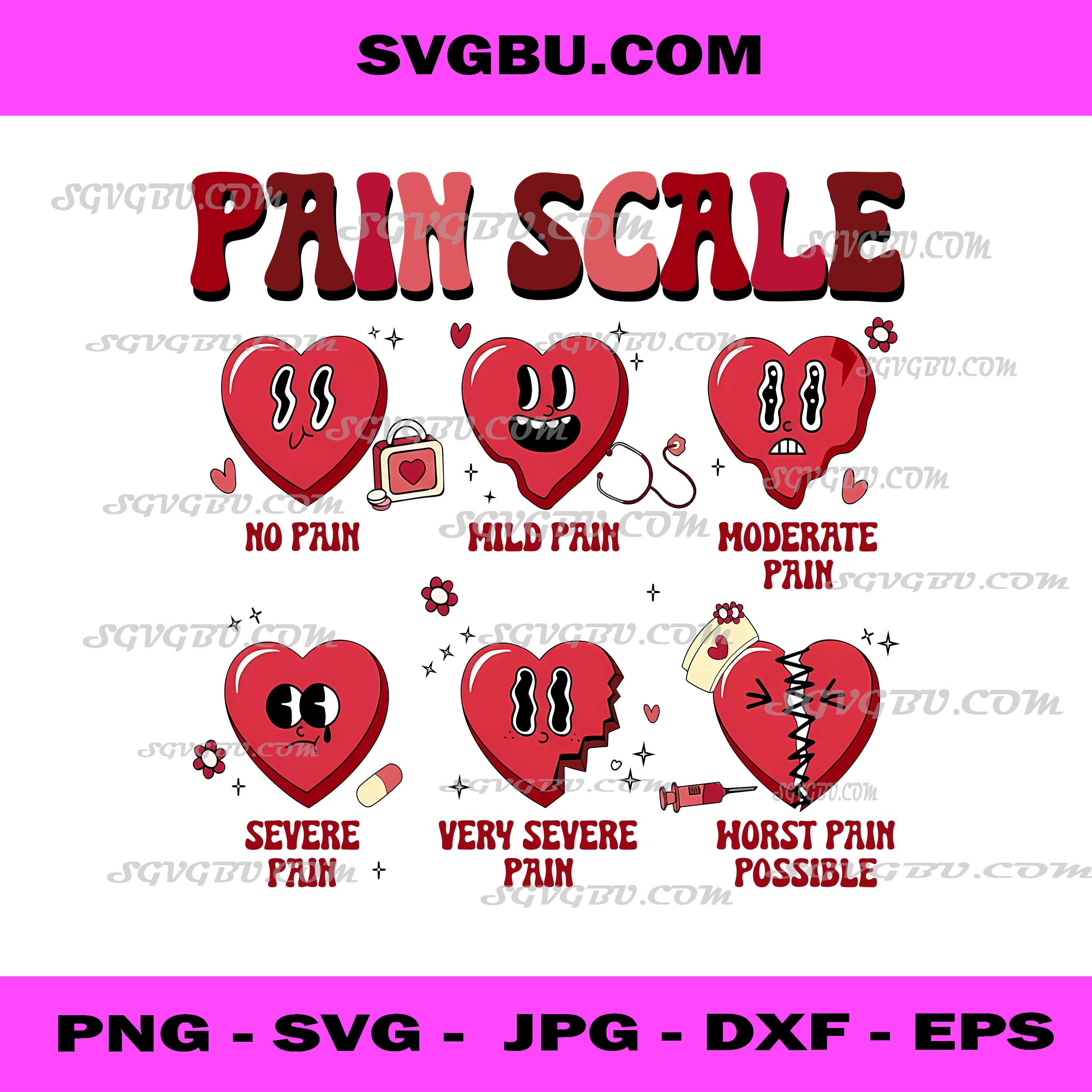 Cute Pain Scale Hearts PNG, Funny Medical Chart Art PNG
