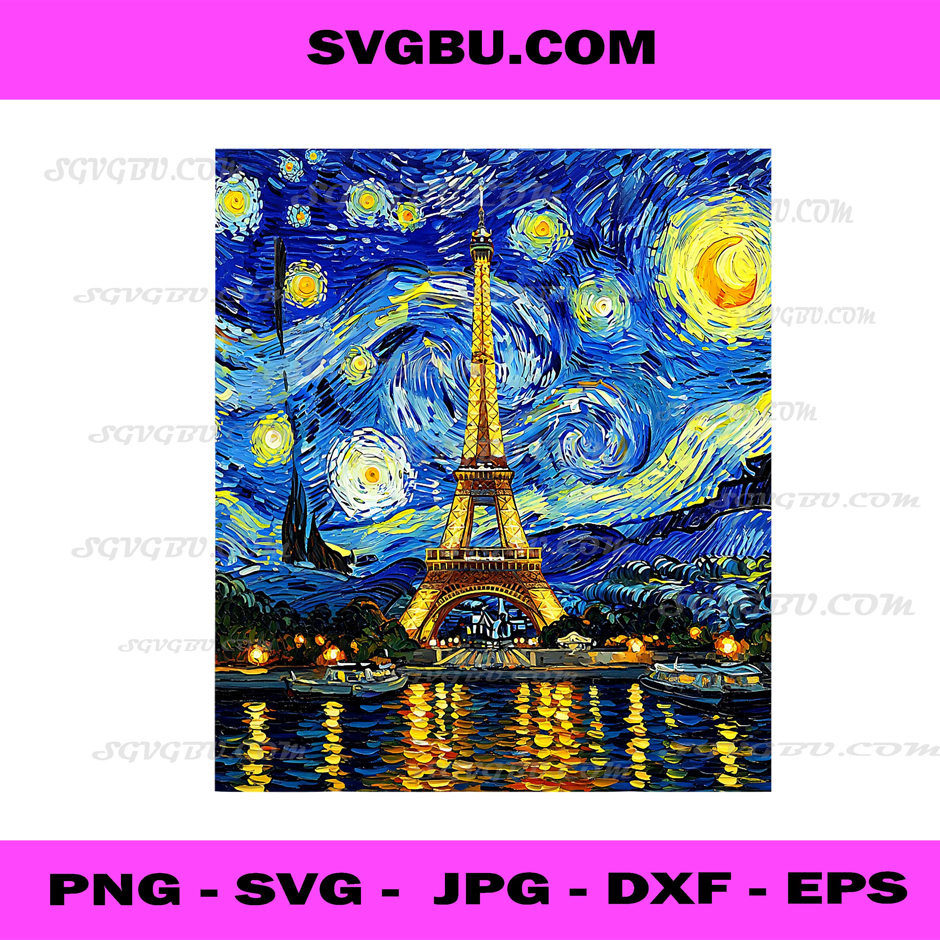 Eiffel Tower Graphic Van Gogh Style Starry Night PNG