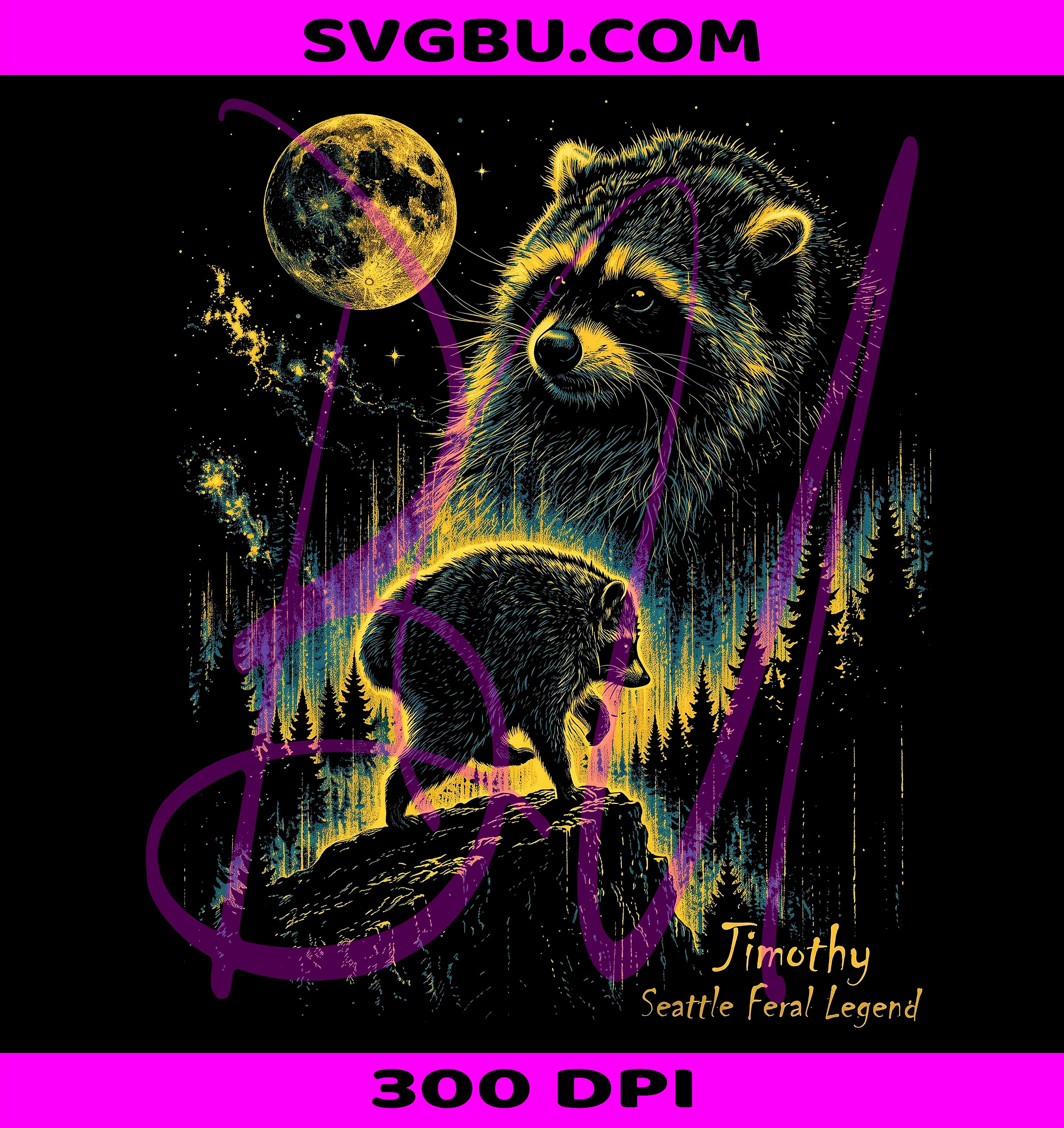 Jimothy Raccoon PNG, Seattle Feral Legend PNG, Retro Moon Raccoon PNG