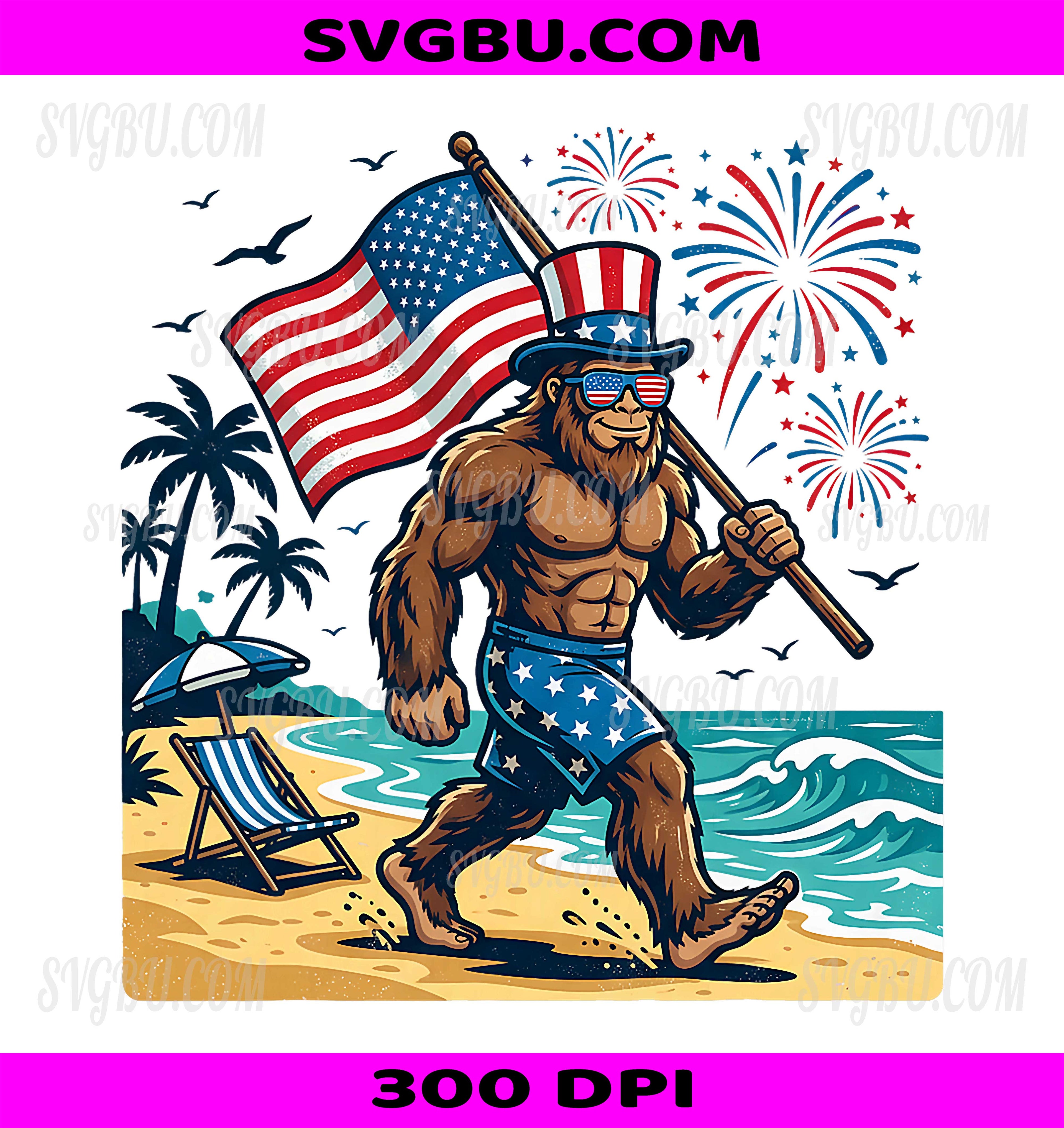 Bigfoot American Flag PNG, 4th Of July Patriotic Beach PNG