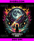 Artemis II 2026 Rocket Launch Moon Silhouette, Black Cat Space Graphic PNG