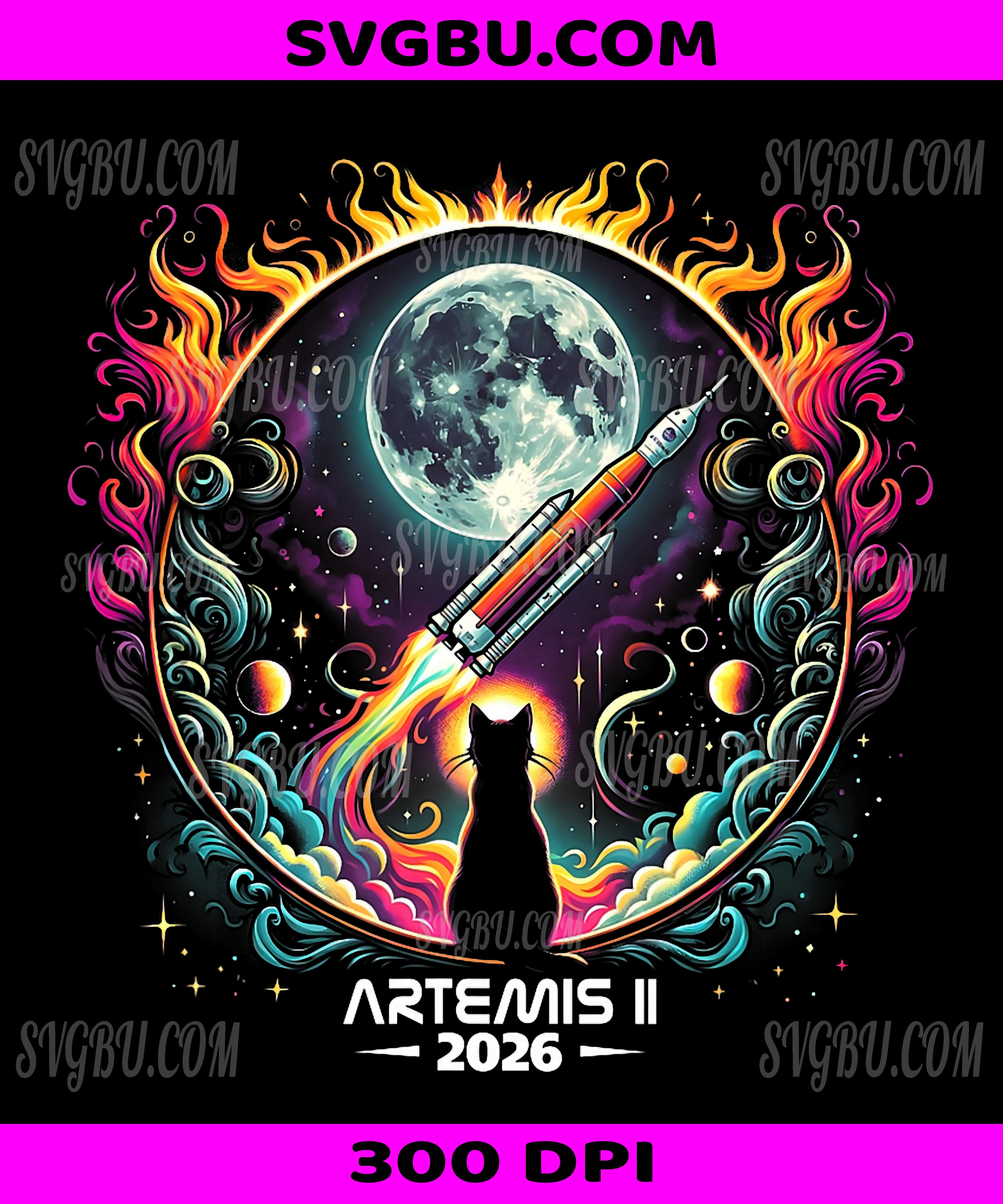 Artemis II 2026 Rocket Launch Moon Silhouette, Black Cat Space Graphic PNG