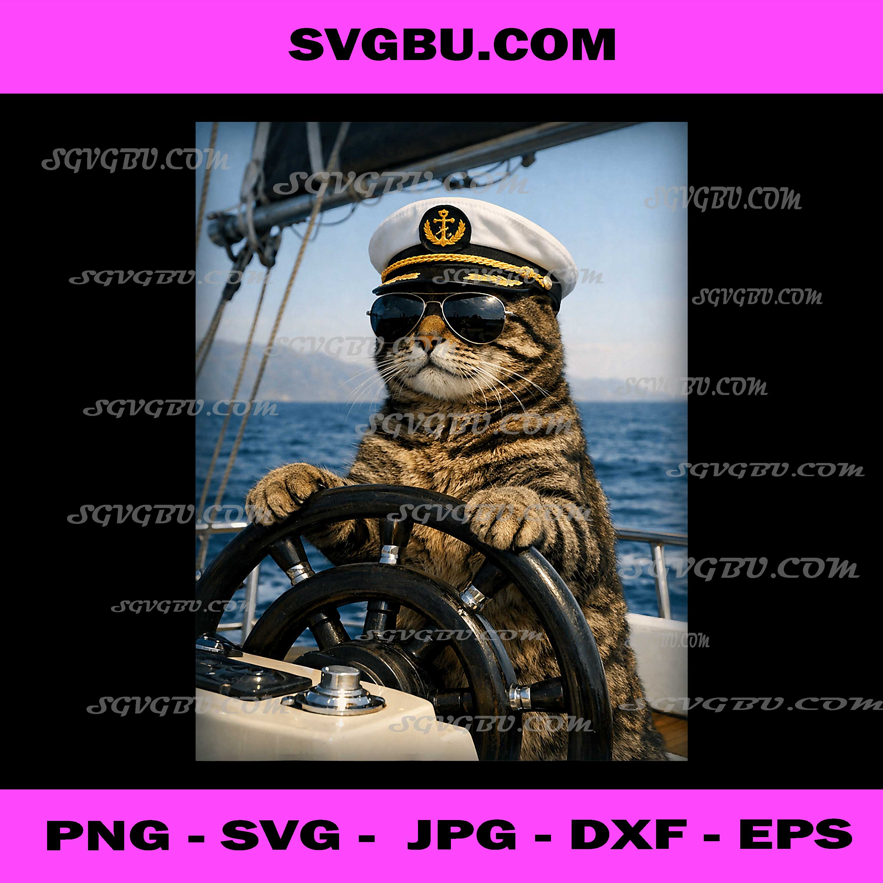Captain Cat, Funny Tabby Steering Yacht On Ocean PNG