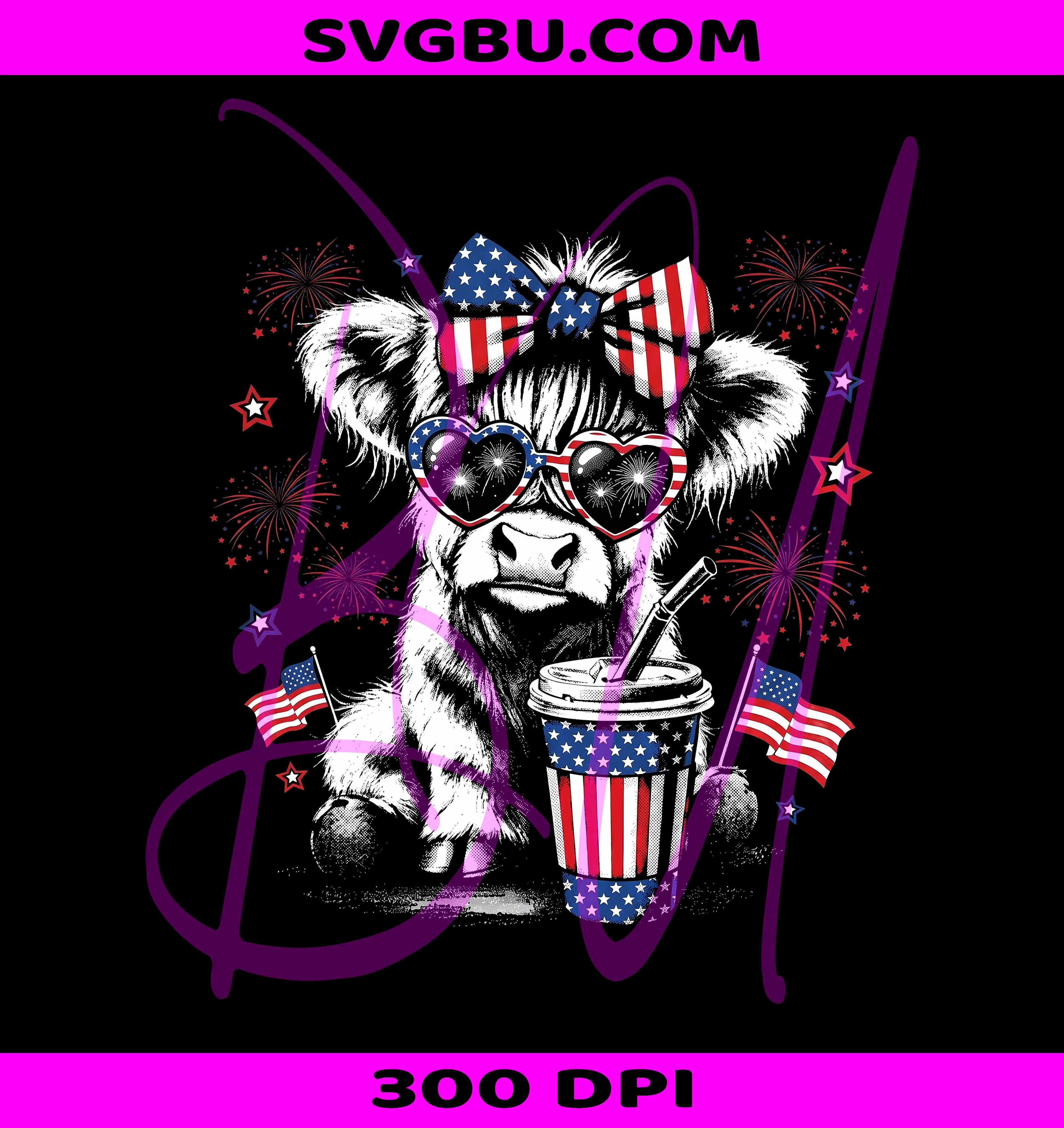 Patriotic Highland Cow PNG, 4th of July Cow Coffee Design PNG