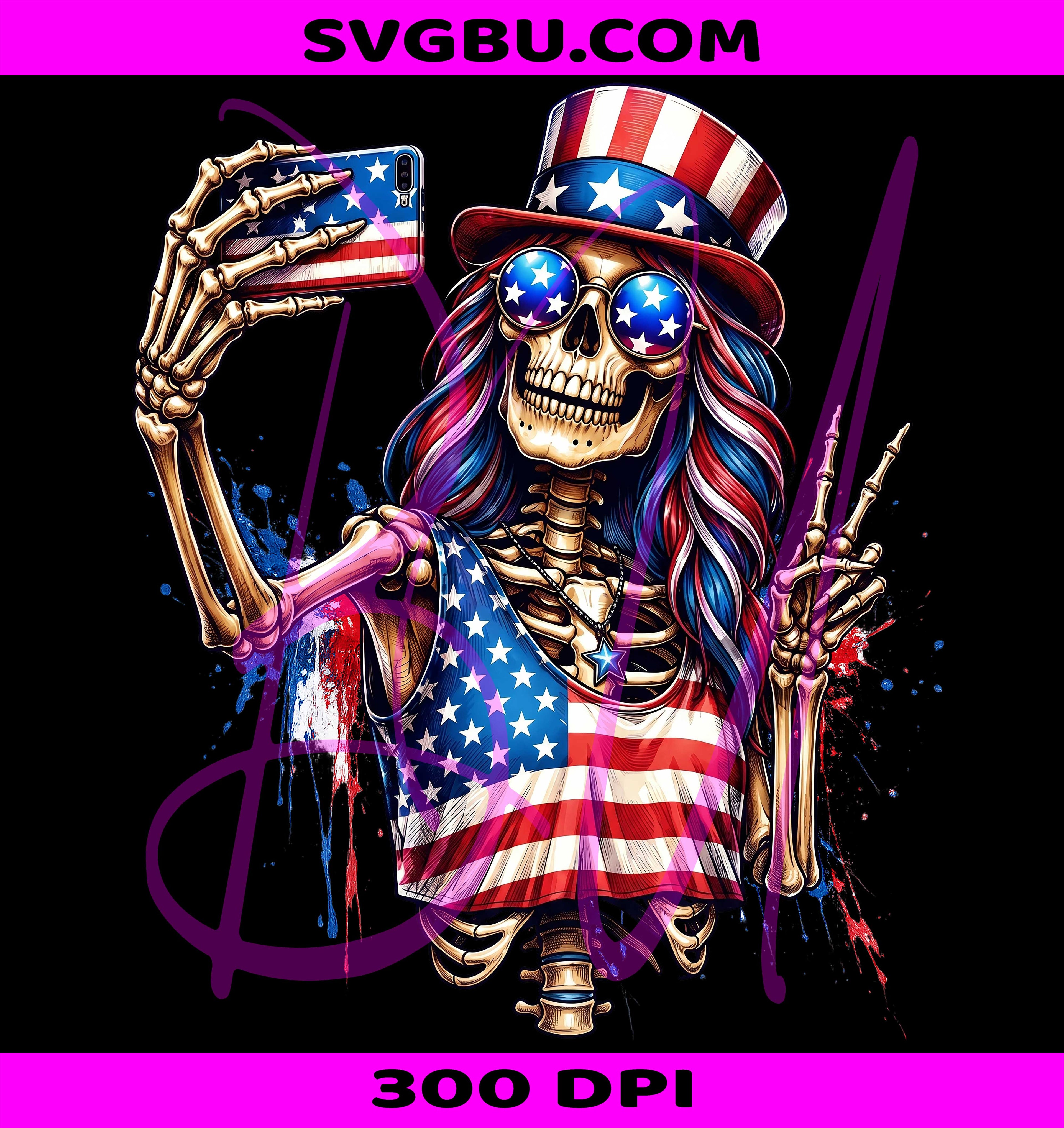 Patriotic Skeleton Selfie PNG, Retro Skull Girl PNG, American Flag PNG