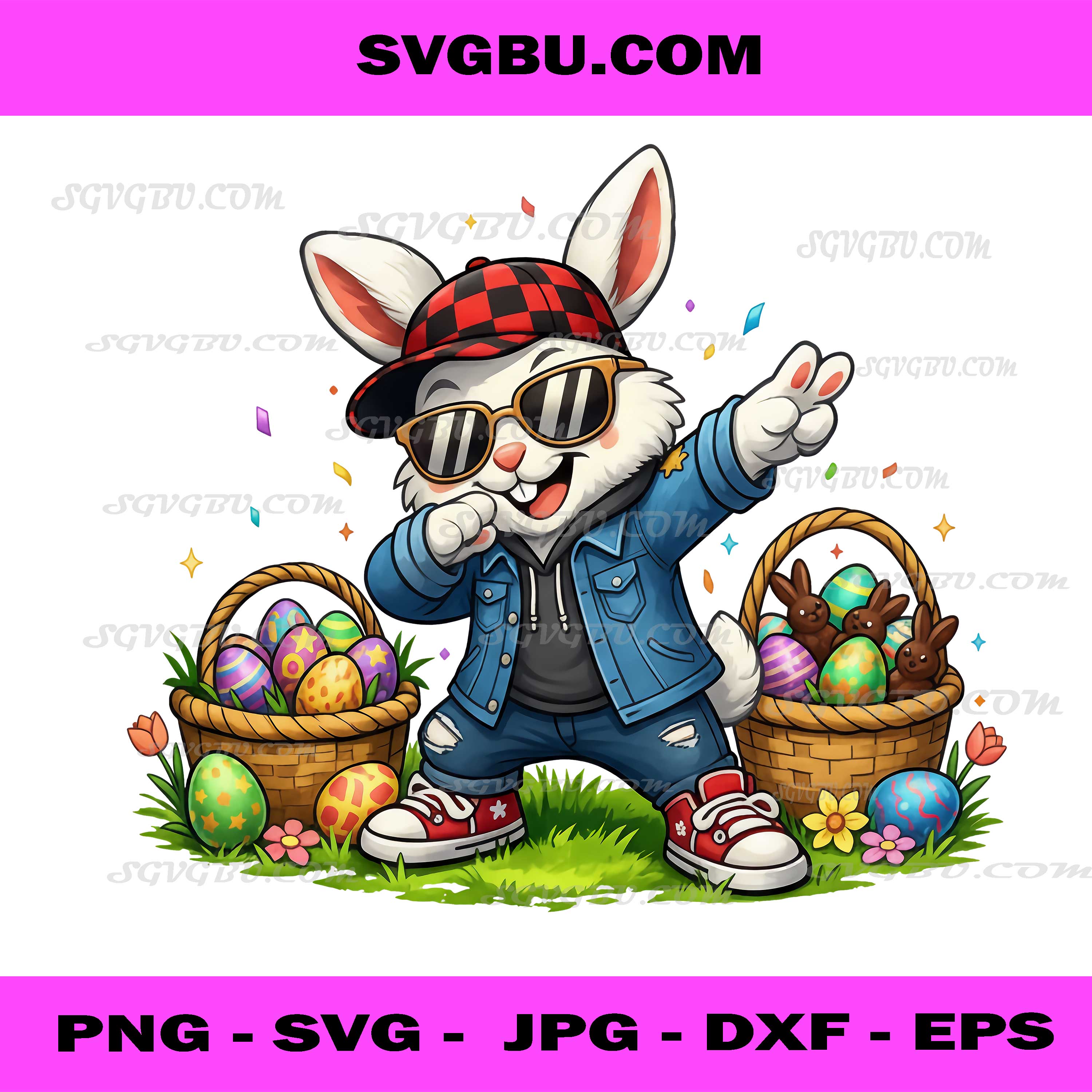 Cool Dabbing Easter Bunny PNG, Basket and Eggs Rabbit PNG