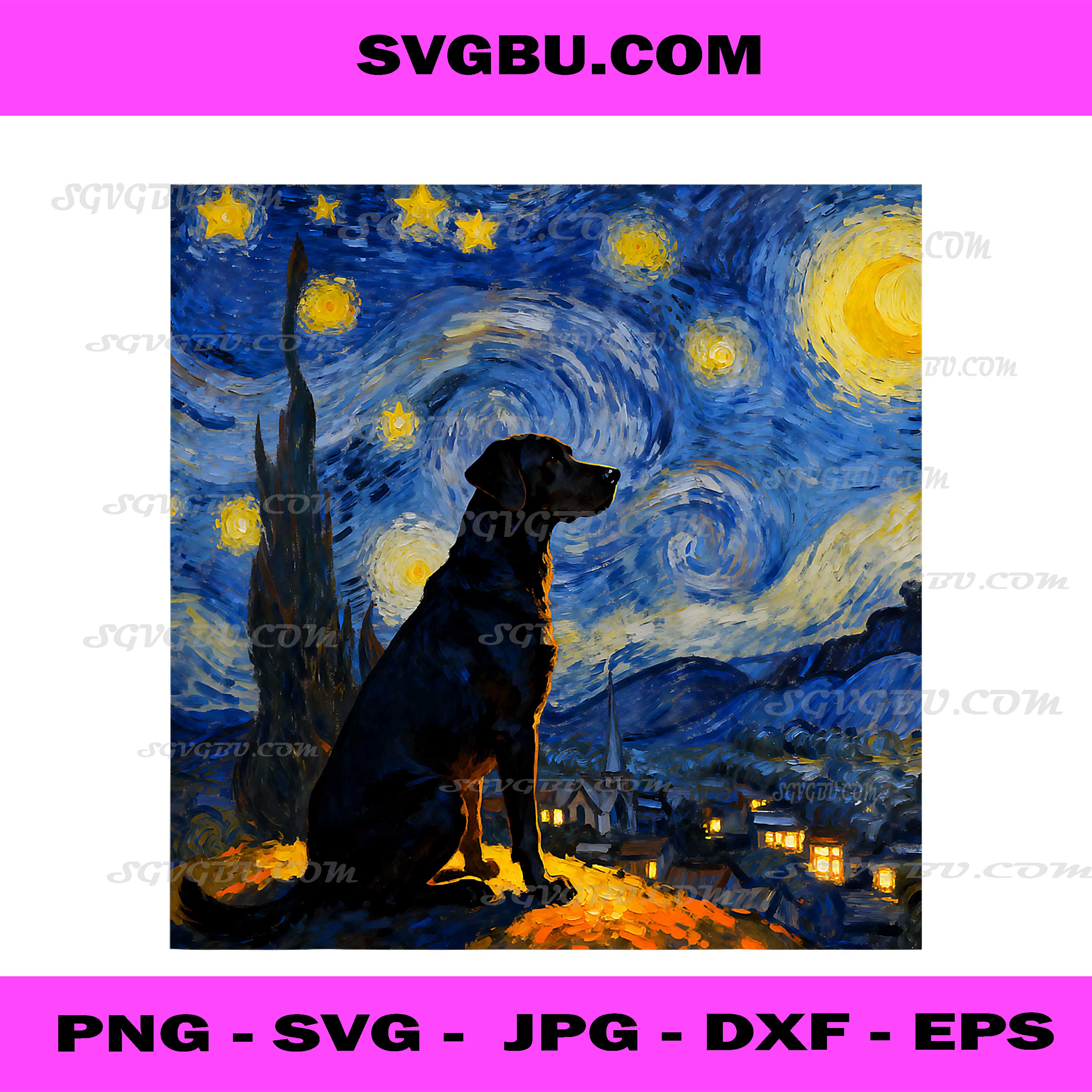 Funny Black Labrador Graphic Van Gogh Style Starry Night PNG