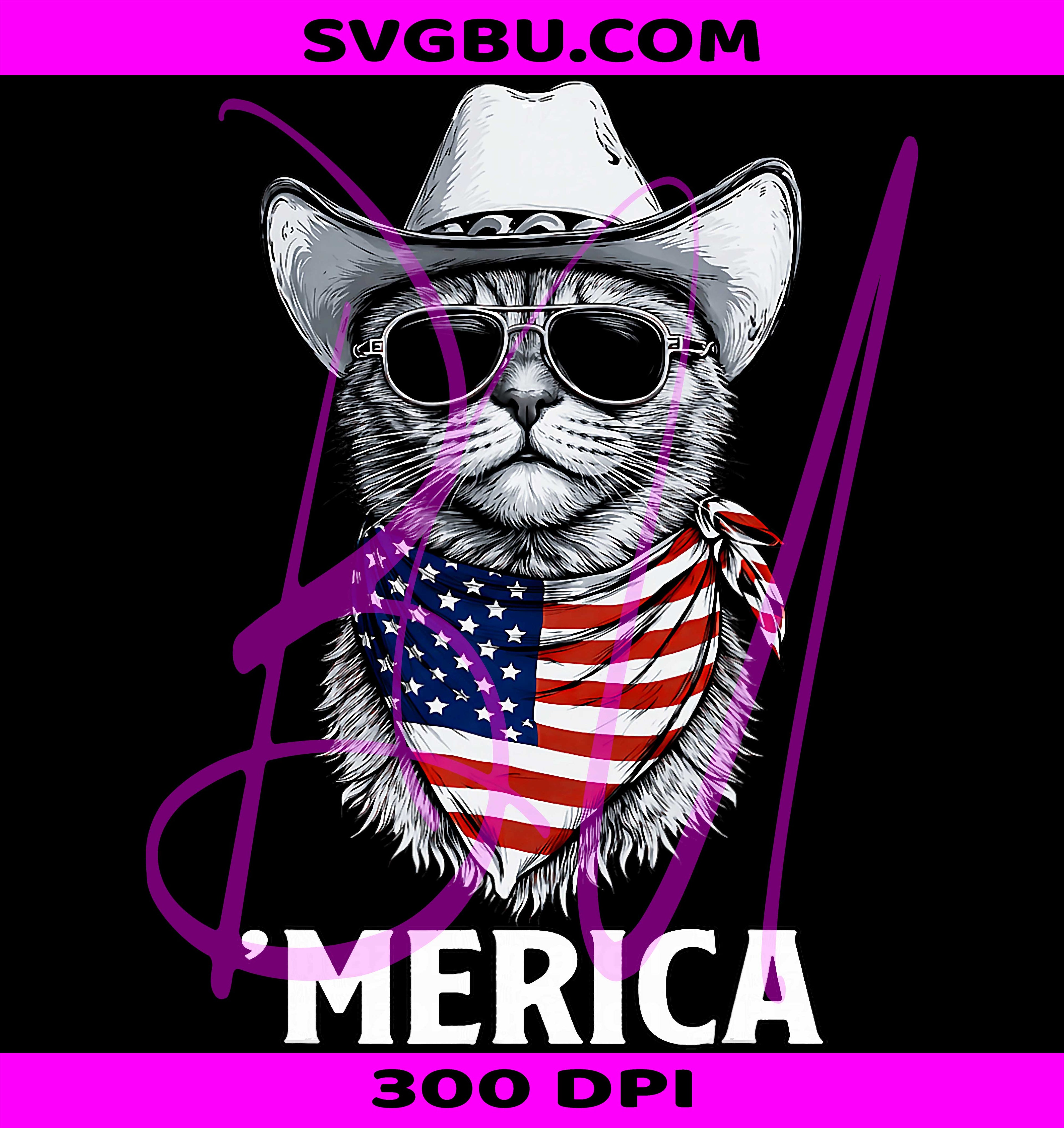 Cat American Flag Bandana PNG, Cowboy Hat Sunglasses PNG