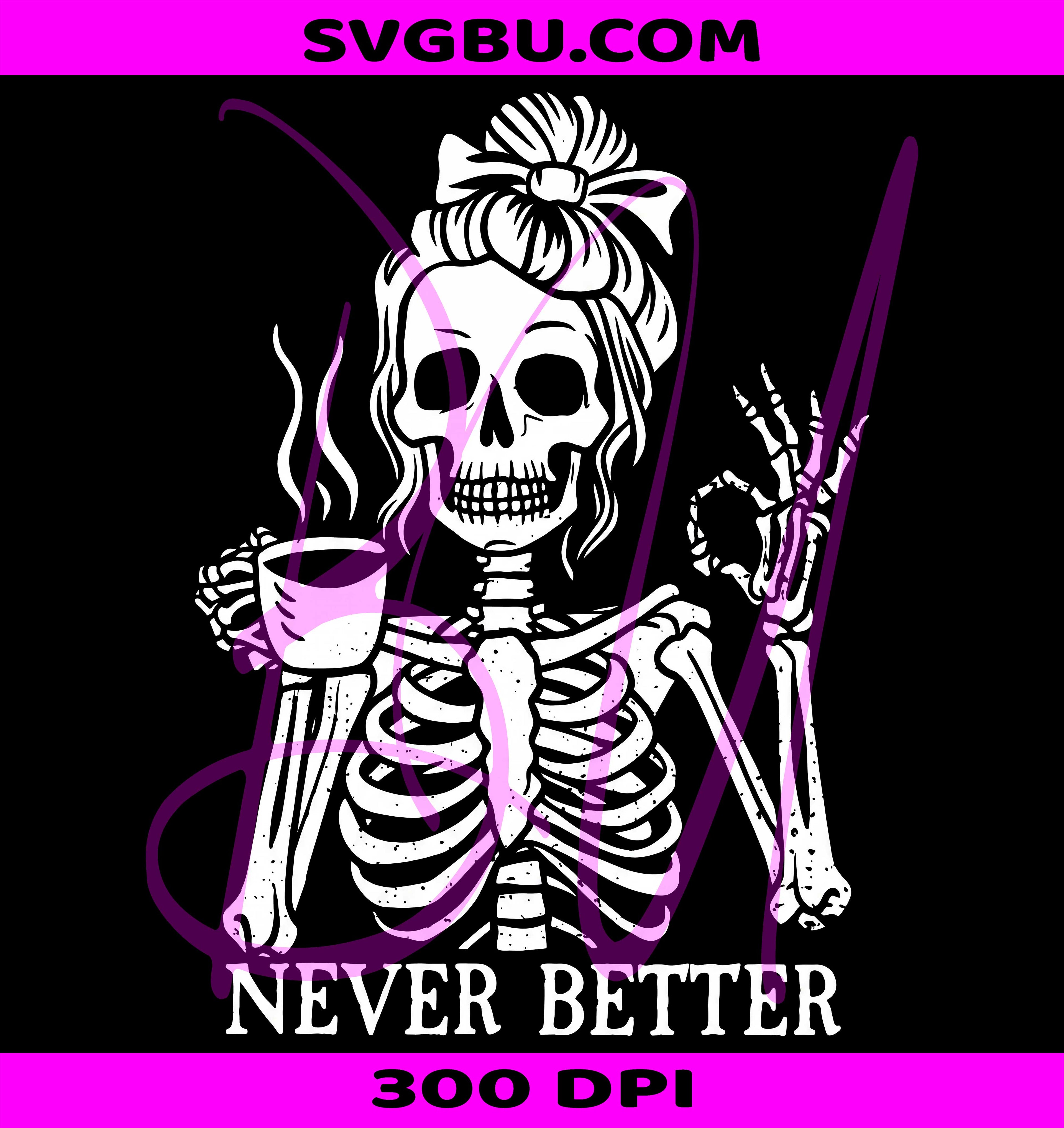 Messy Bun Skeleton PNG, Coffee Lover Skull PNG, Retro Skeleton PNG