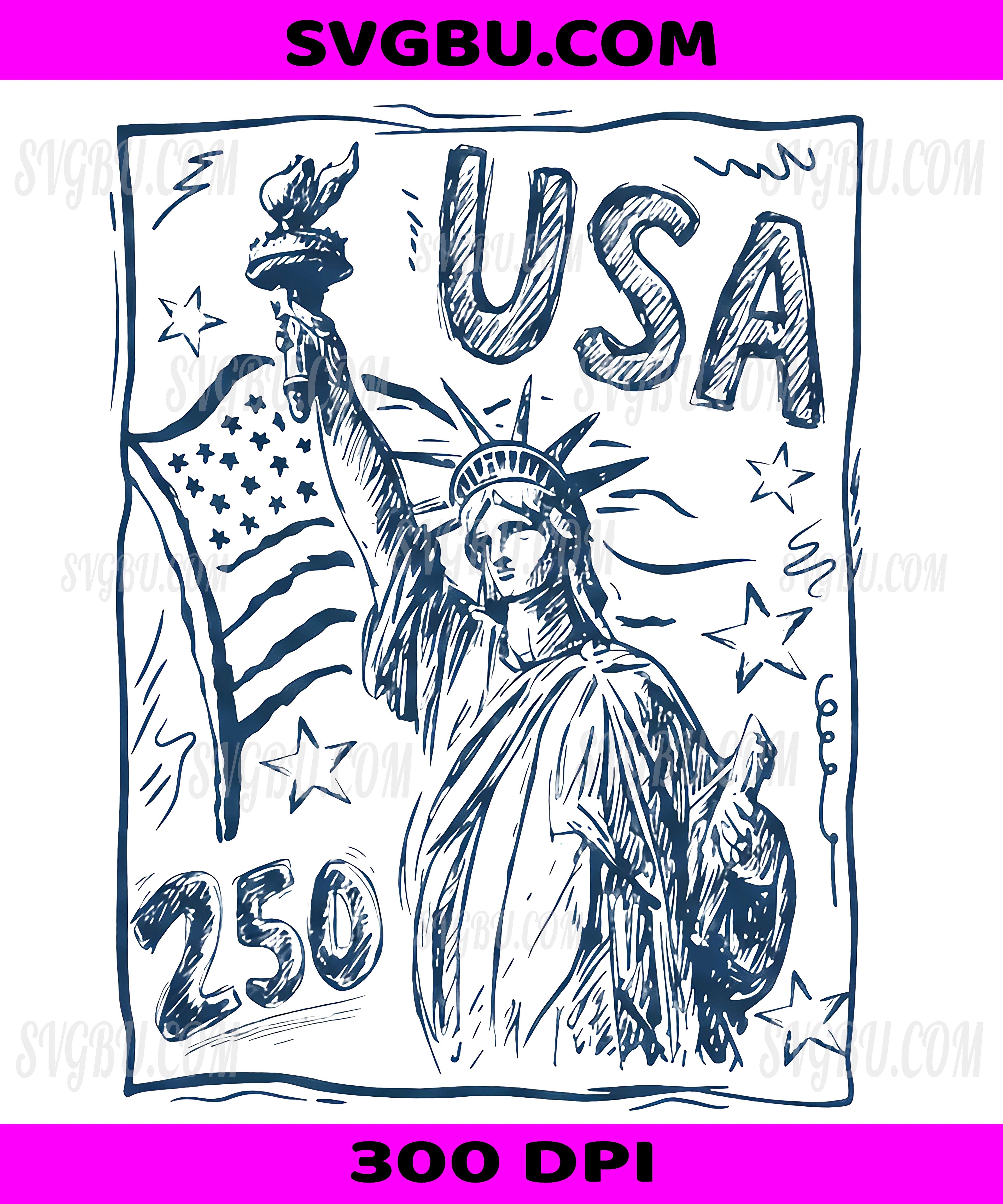 USA 250th Anniversary, Statue Of Liberty Sketch PNG, Patriotic American Flag Design