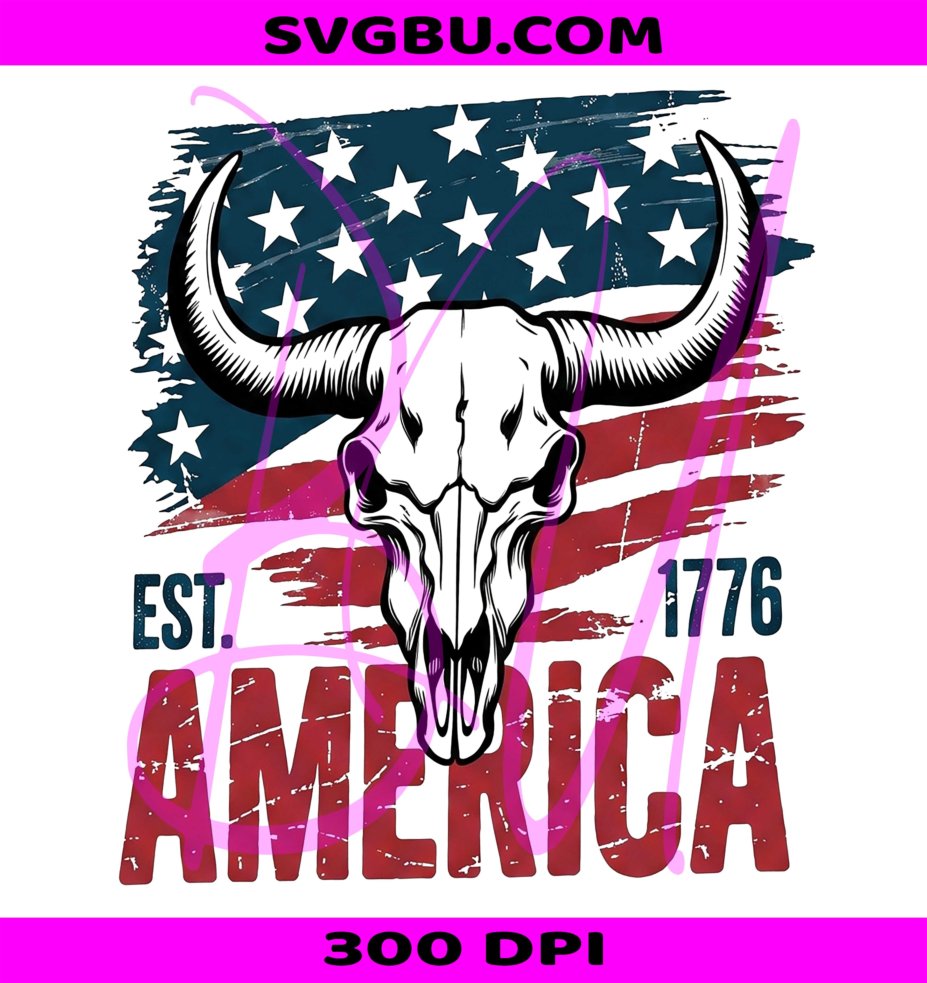 America Est 1776 PNG, Patriotic Bull Skull PNG, Western USA Flag PNG