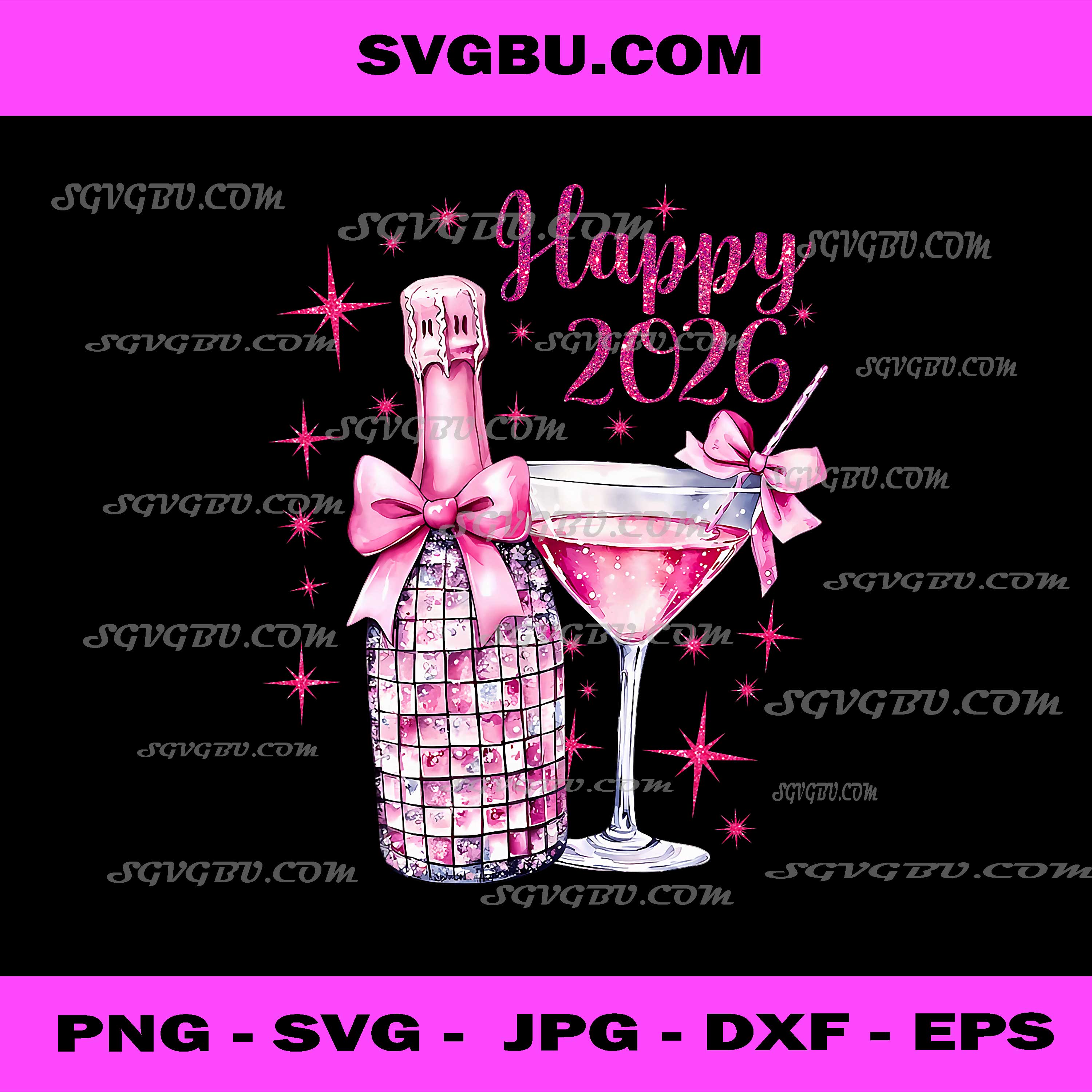 Happy New Year 2026 PNG, Champagne Disco Ball Pink Coquette Bow PNG