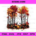 Autumn Forest Silhouette with Deer and Birds Artwork PNG