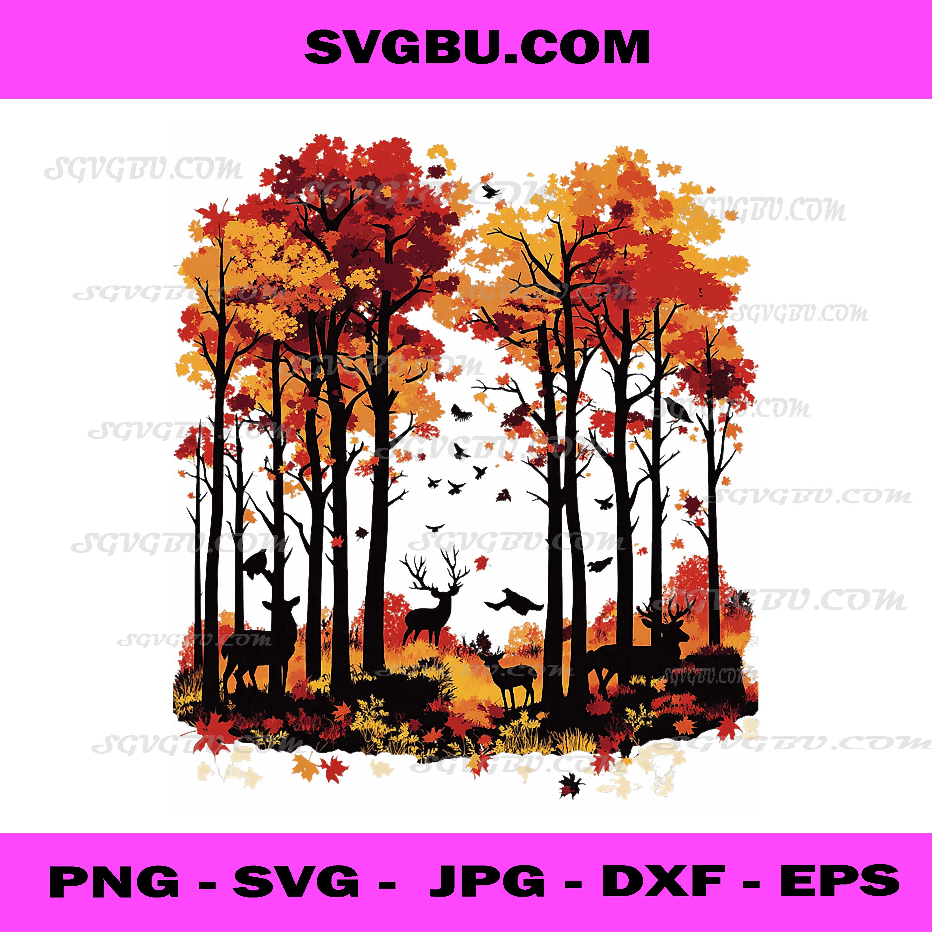 Autumn Forest Silhouette with Deer and Birds Artwork PNG