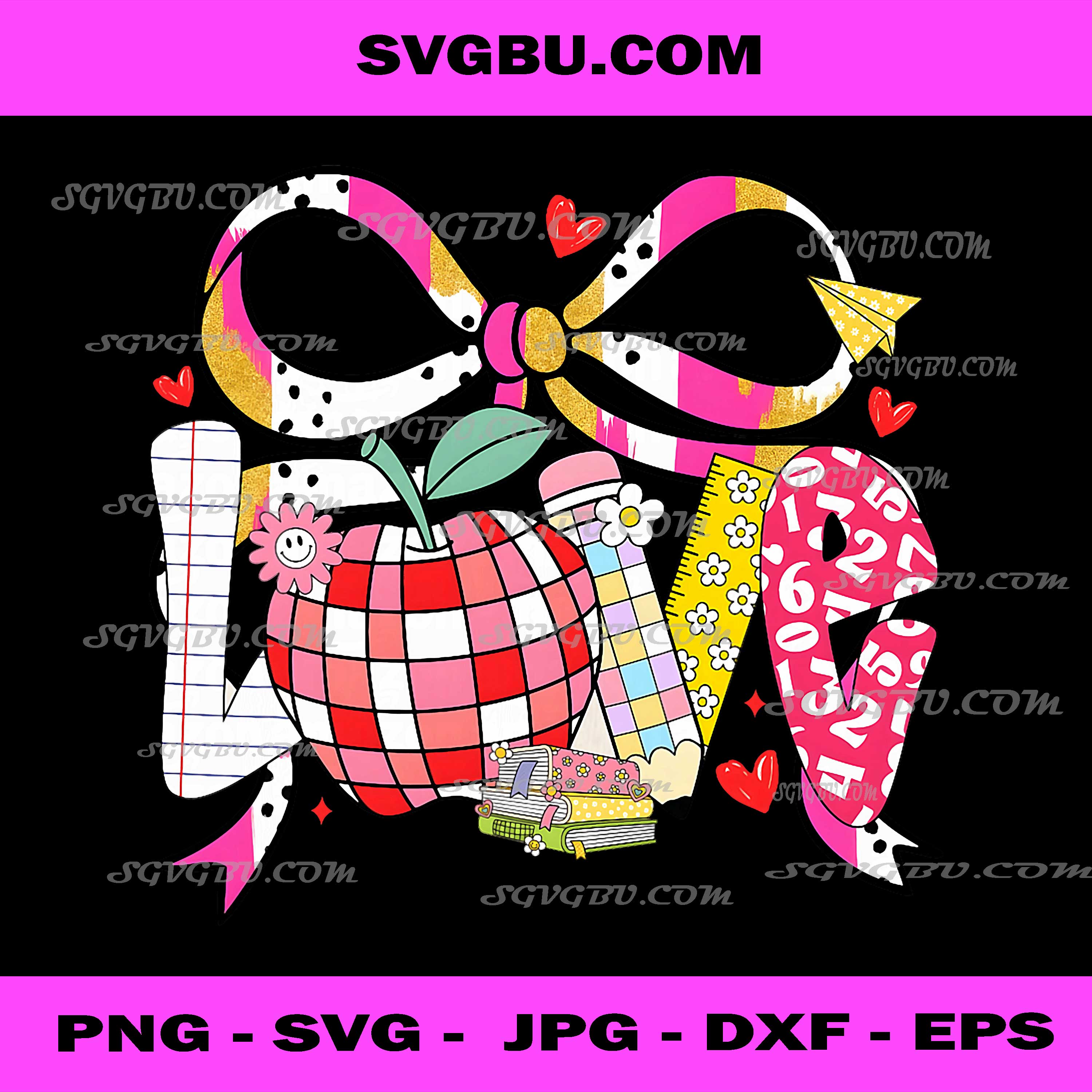 Valentine Teacher Coquette Bow PNG, Love Hearts Disco Apple PNG