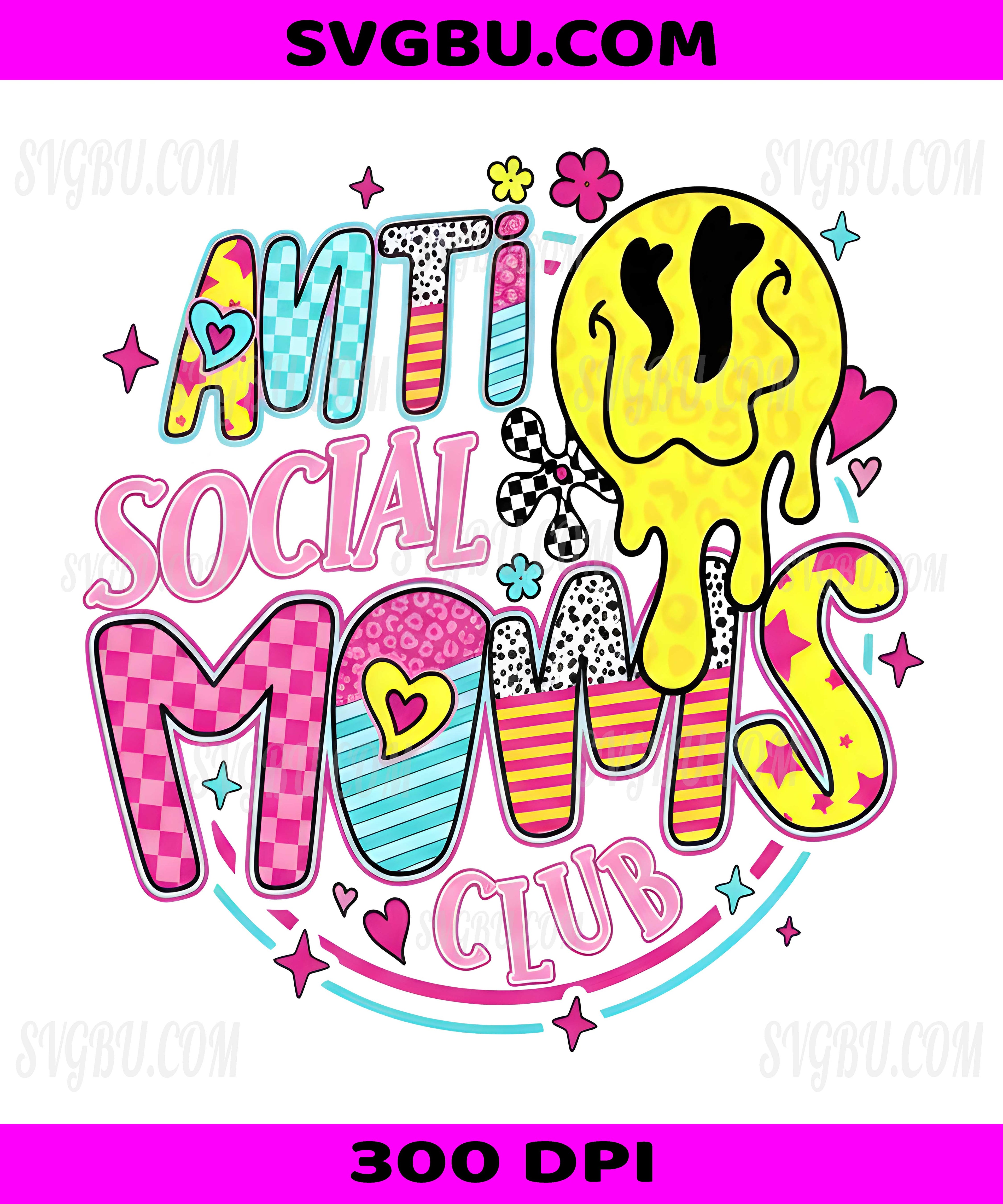Anti Social Moms Club PNG, Retro Wavy Smile Face Mom Life Design