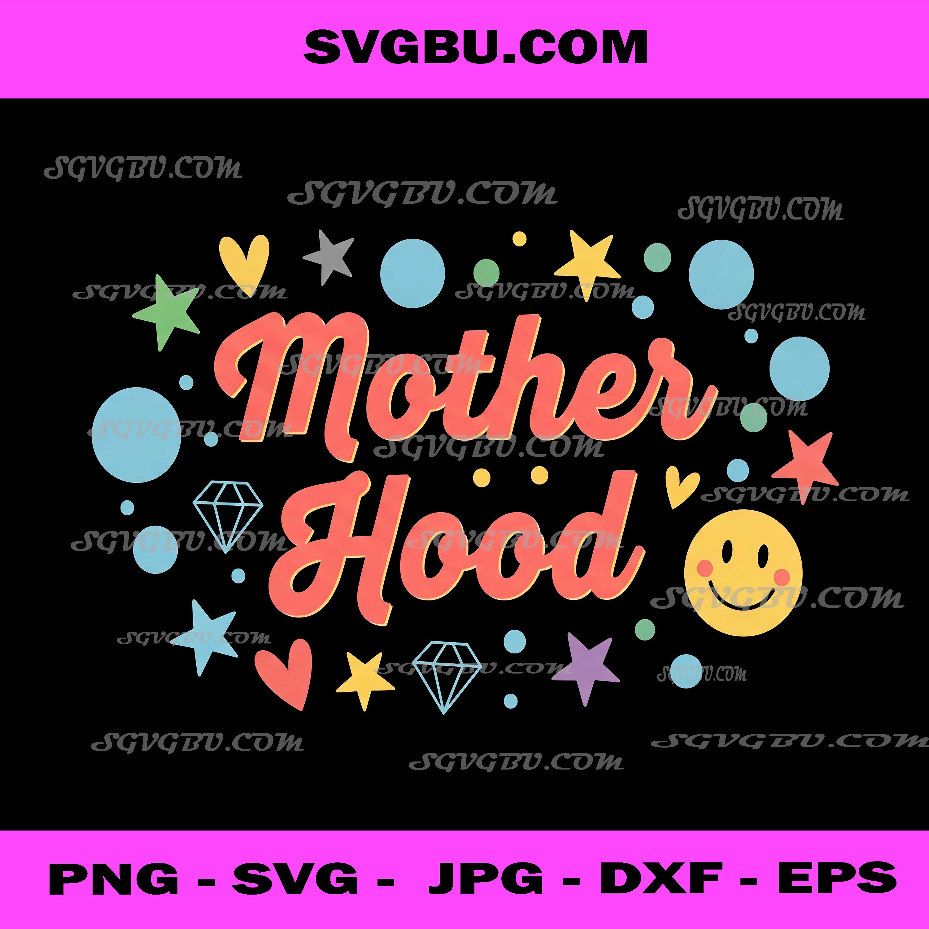 Motherhood, Retro Colorful Stars and Smiley Face Art PNG