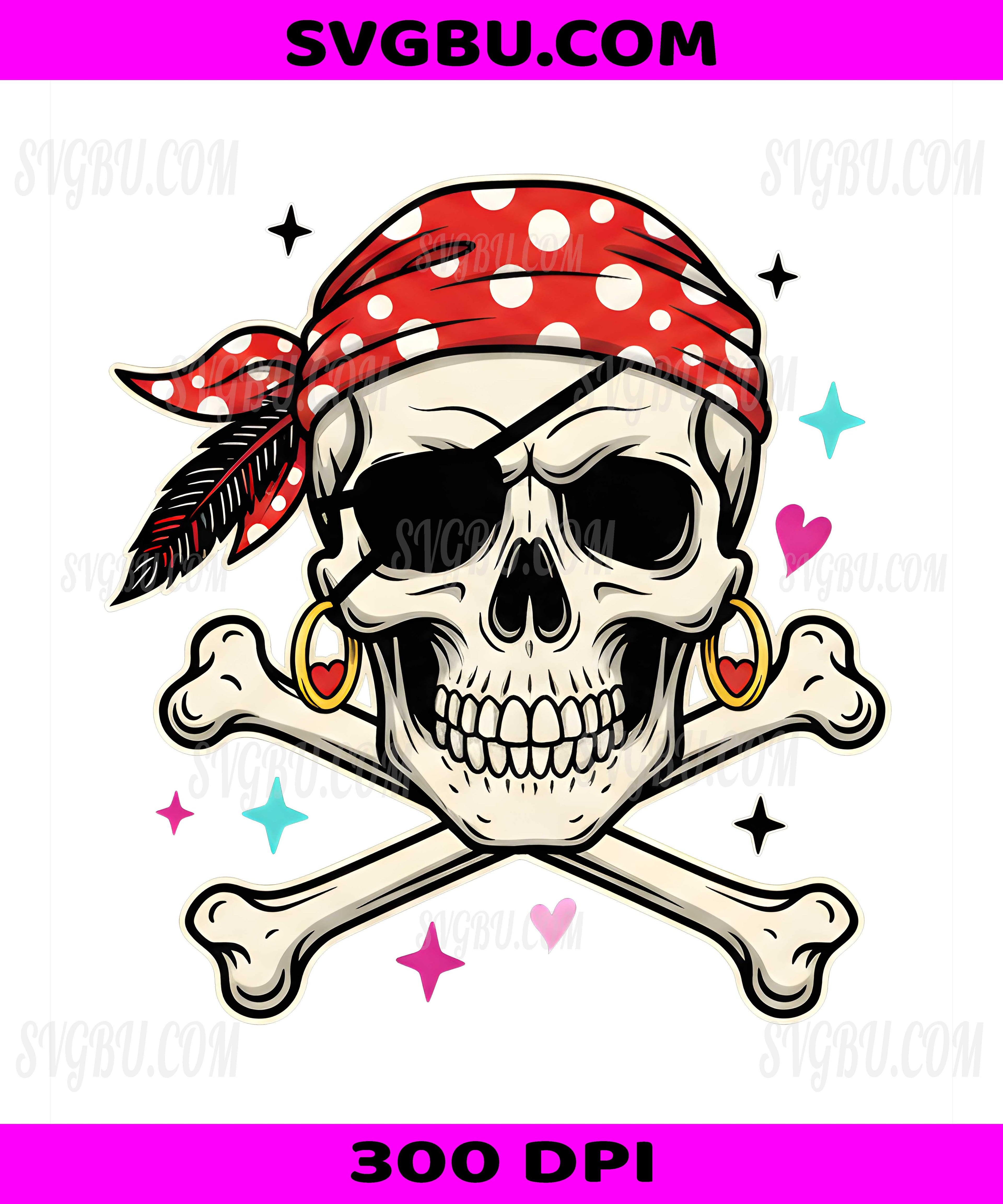 Girly Pirate Skull PNG, Red Polka Dot Bandana Skull and Crossbones Design