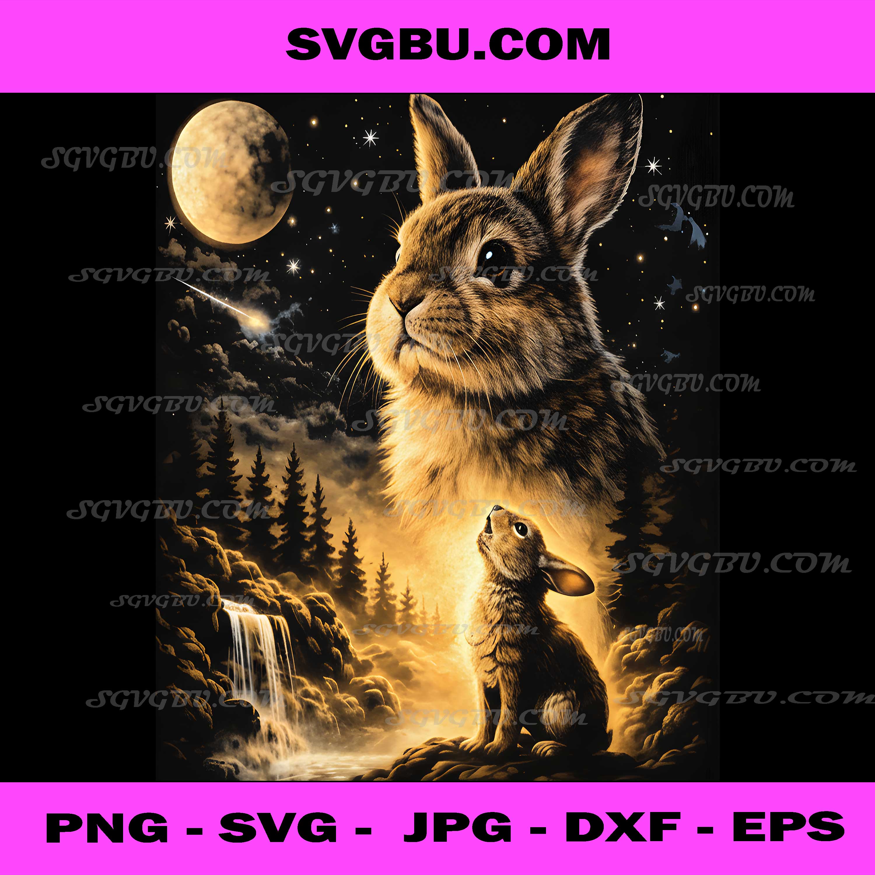 Rabbit Moon Night Landscape Waterfall PNG Celestial Animal PNG