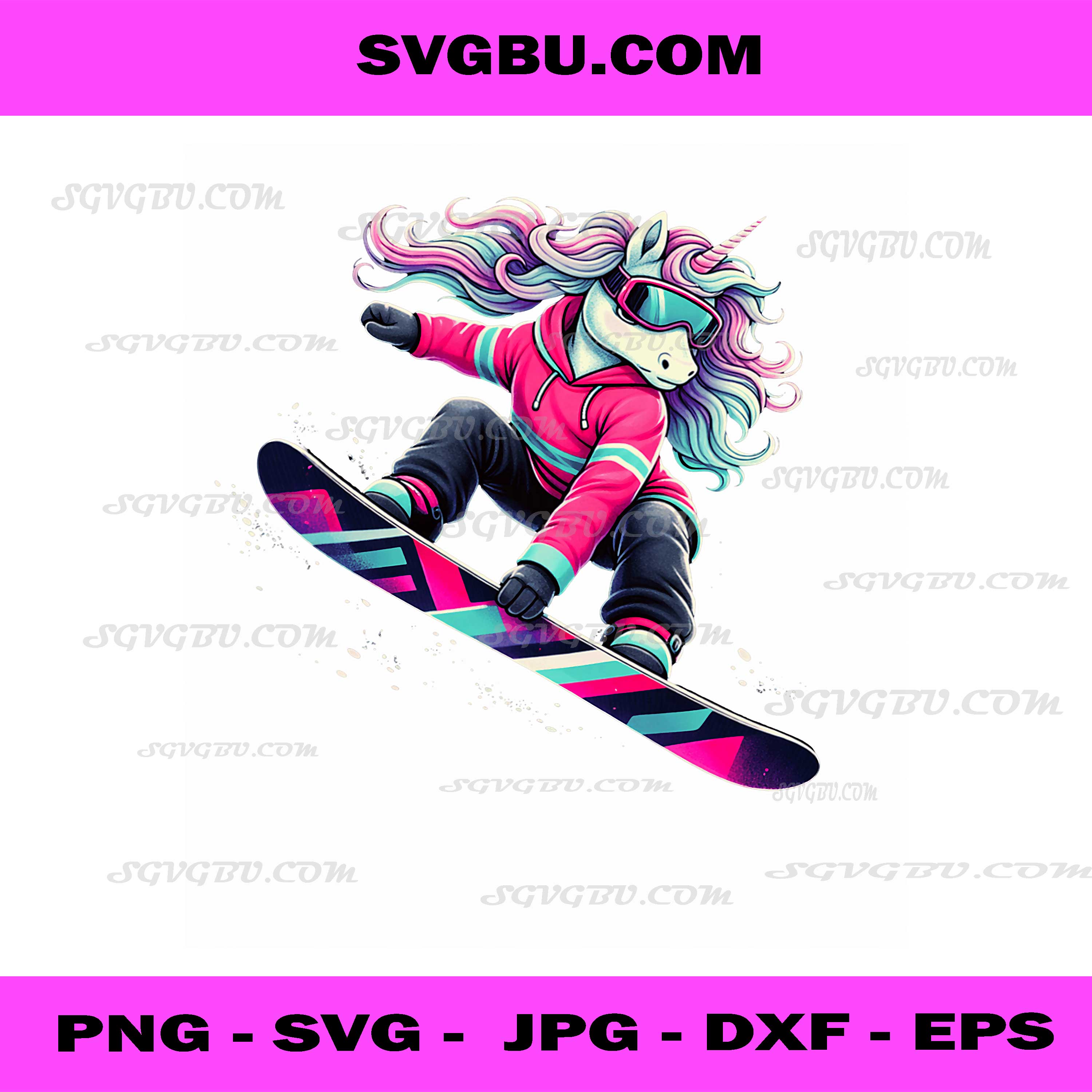 Snowboarding Unicorn Pink Hoodie PNG, Cool Fantasy Animal Art PNG