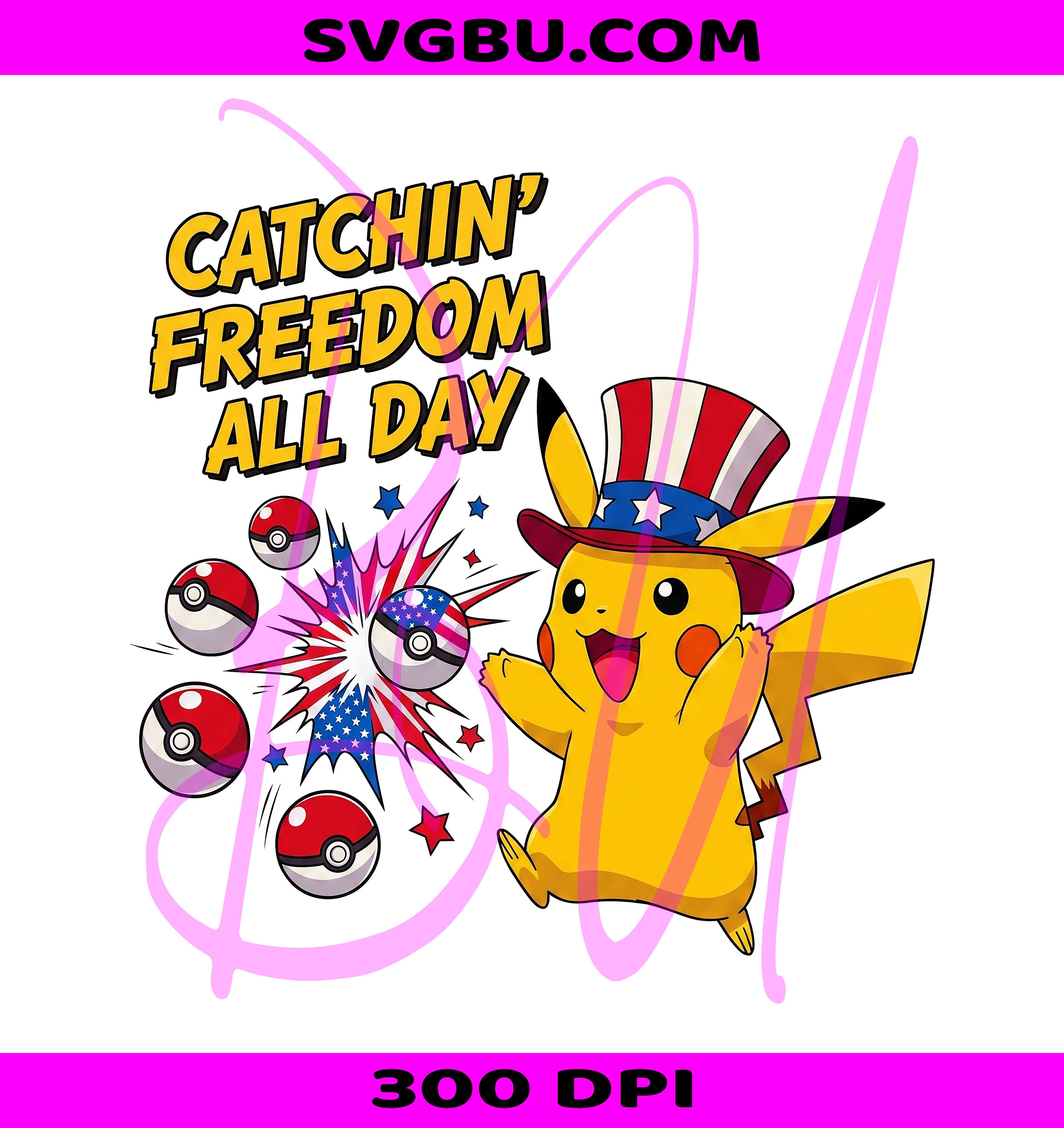 Catchin Freedom PNG, Patriotic Pikachu PNG, American Flag PNG
