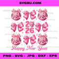 Happy New Year 2026, Disco Ball Coquette Pink Bow Cute Girly PNG
