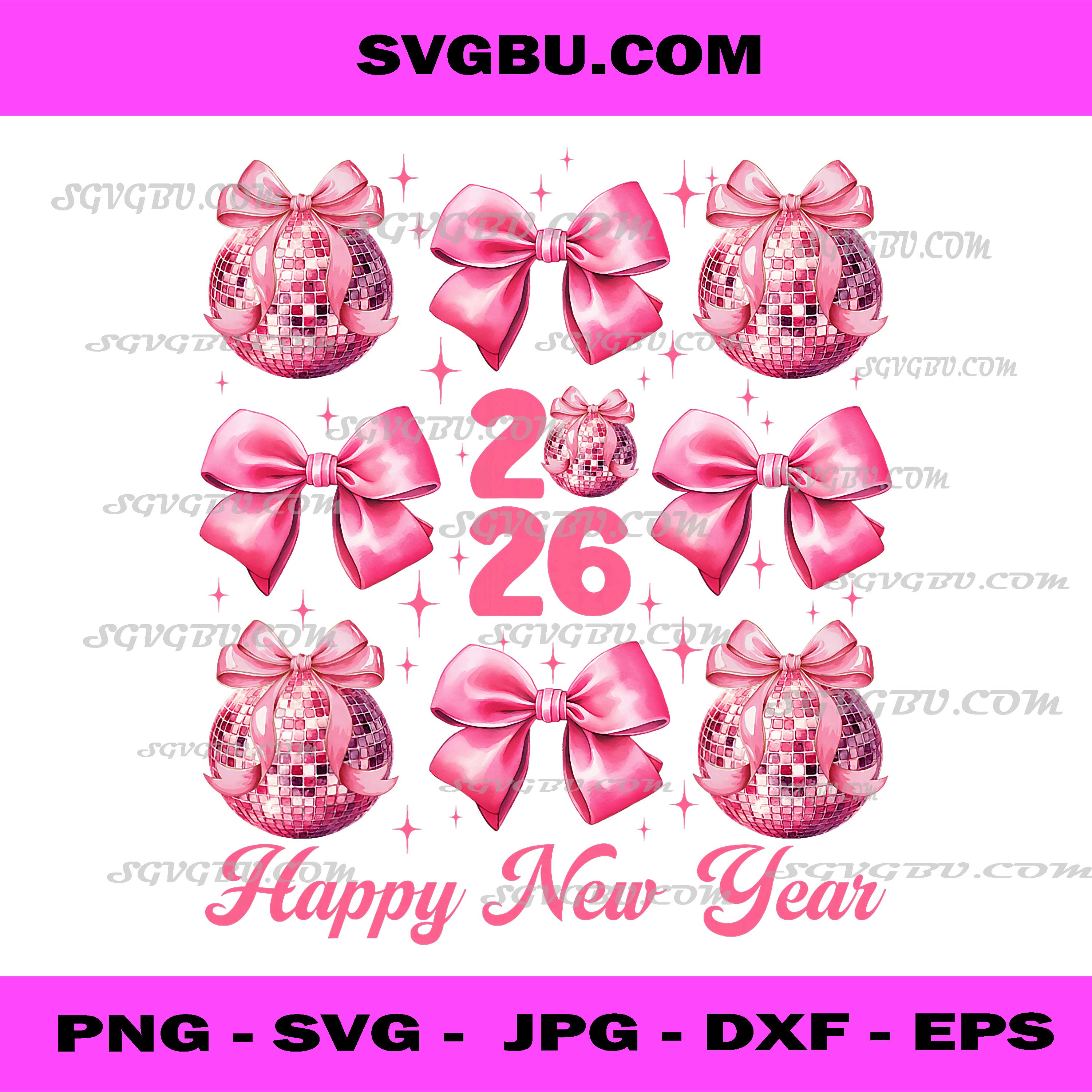 Happy New Year 2026, Disco Ball Coquette Pink Bow Cute Girly PNG