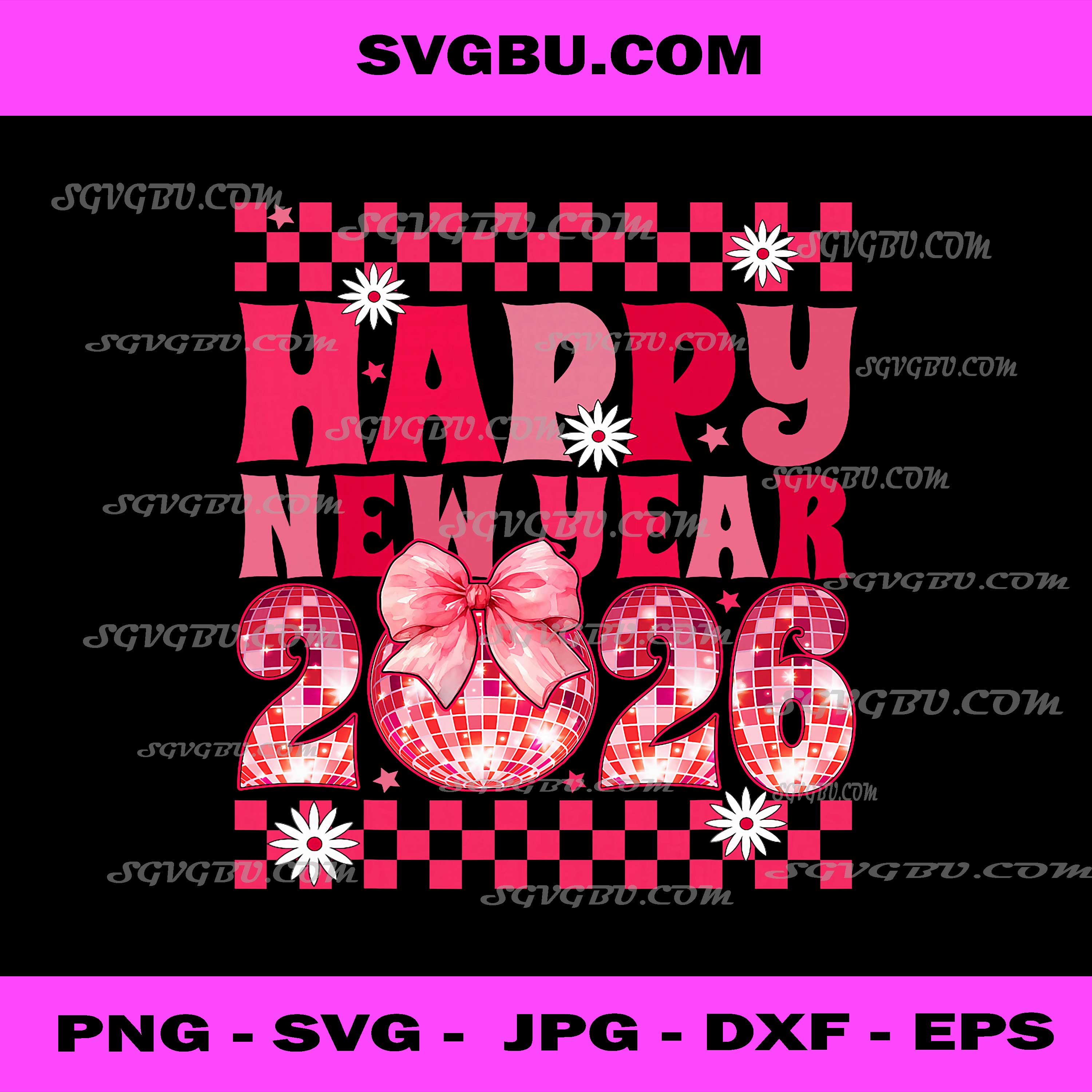 Happy New Year 2026 PNG, Disco Ball Pink Coquette Bow PNG