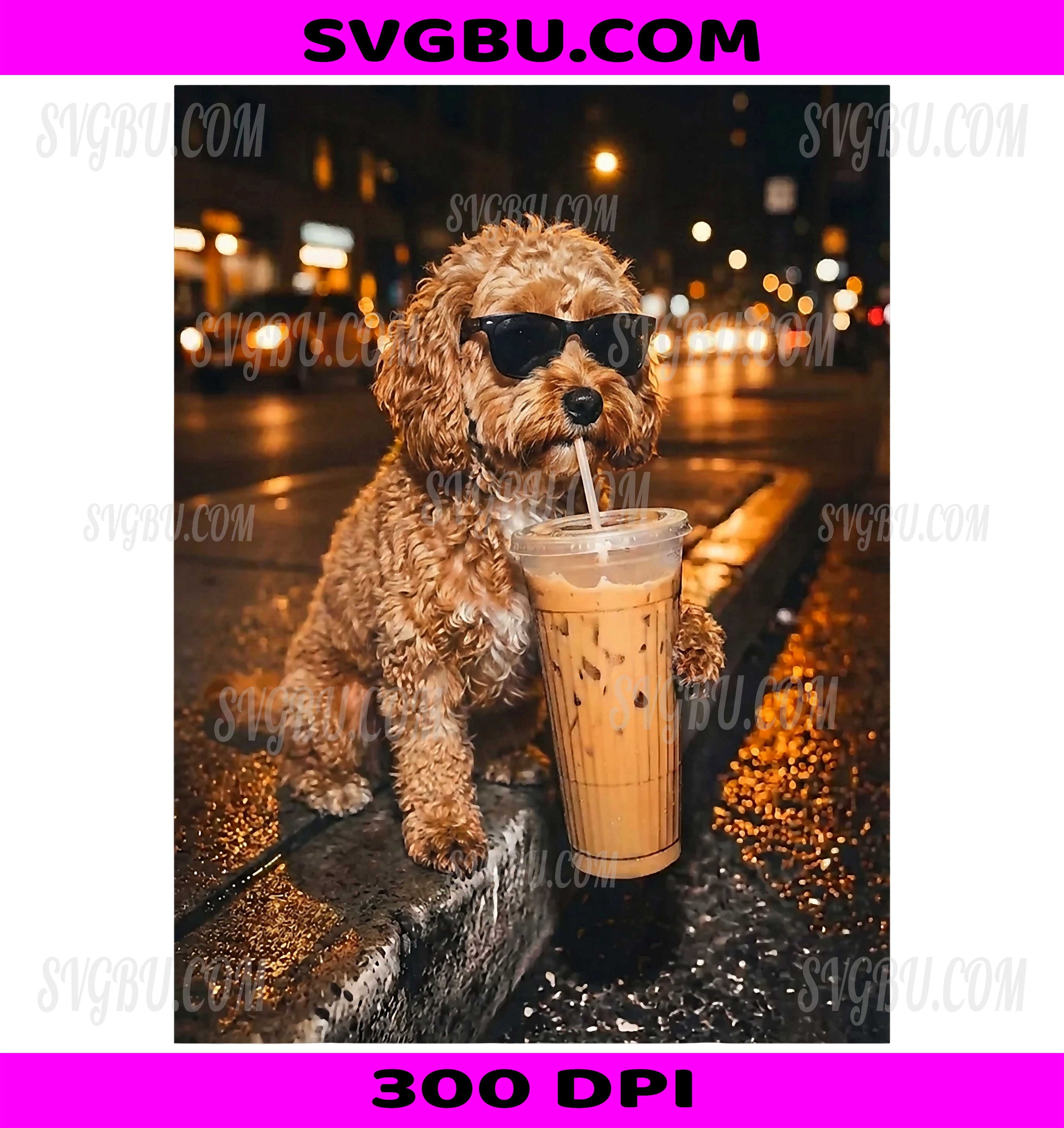 Cavapoo Drinking Iced Coffee PNG, Funny Dog Lover Meme PNG