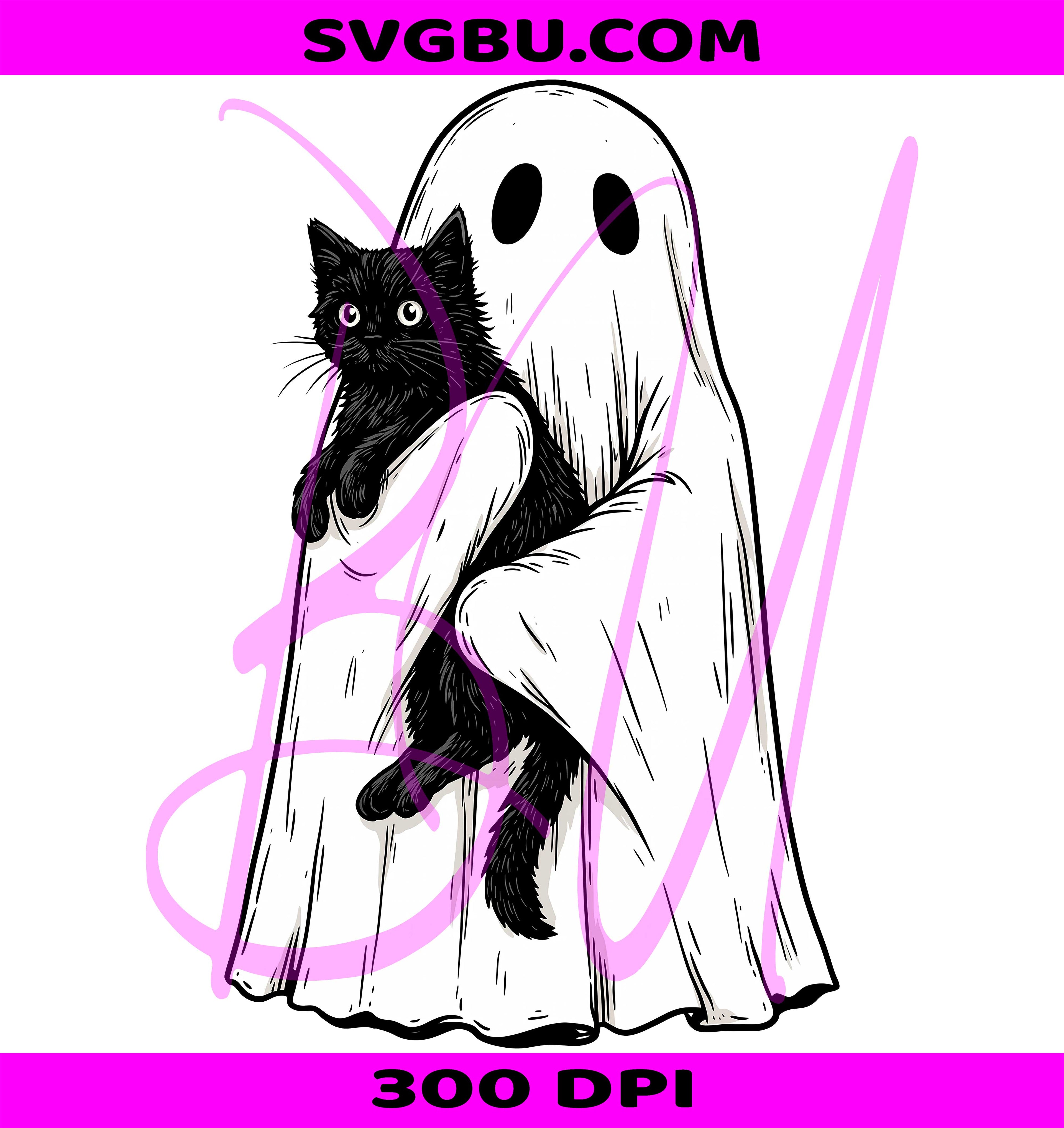 Ghost Holding Black Cat PNG, Cute Spooky Halloween Cat PNG, Retro Ghost PNG