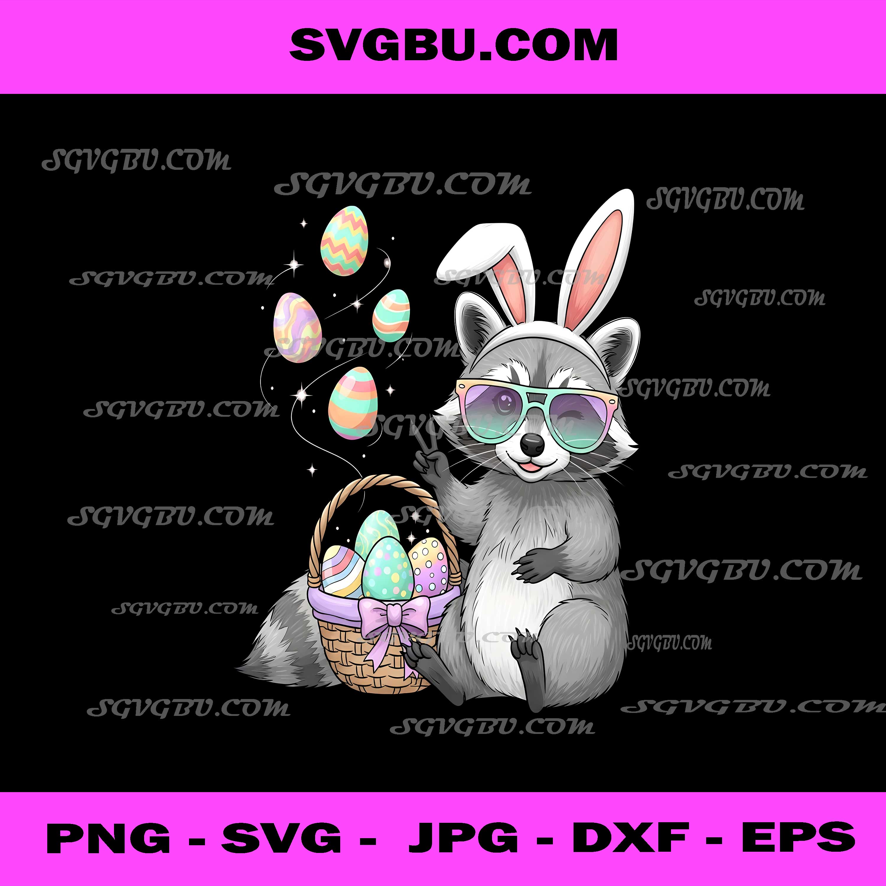 Easter Raccoon, Cute Trash Panda With Bunny Ears Eggs PNG