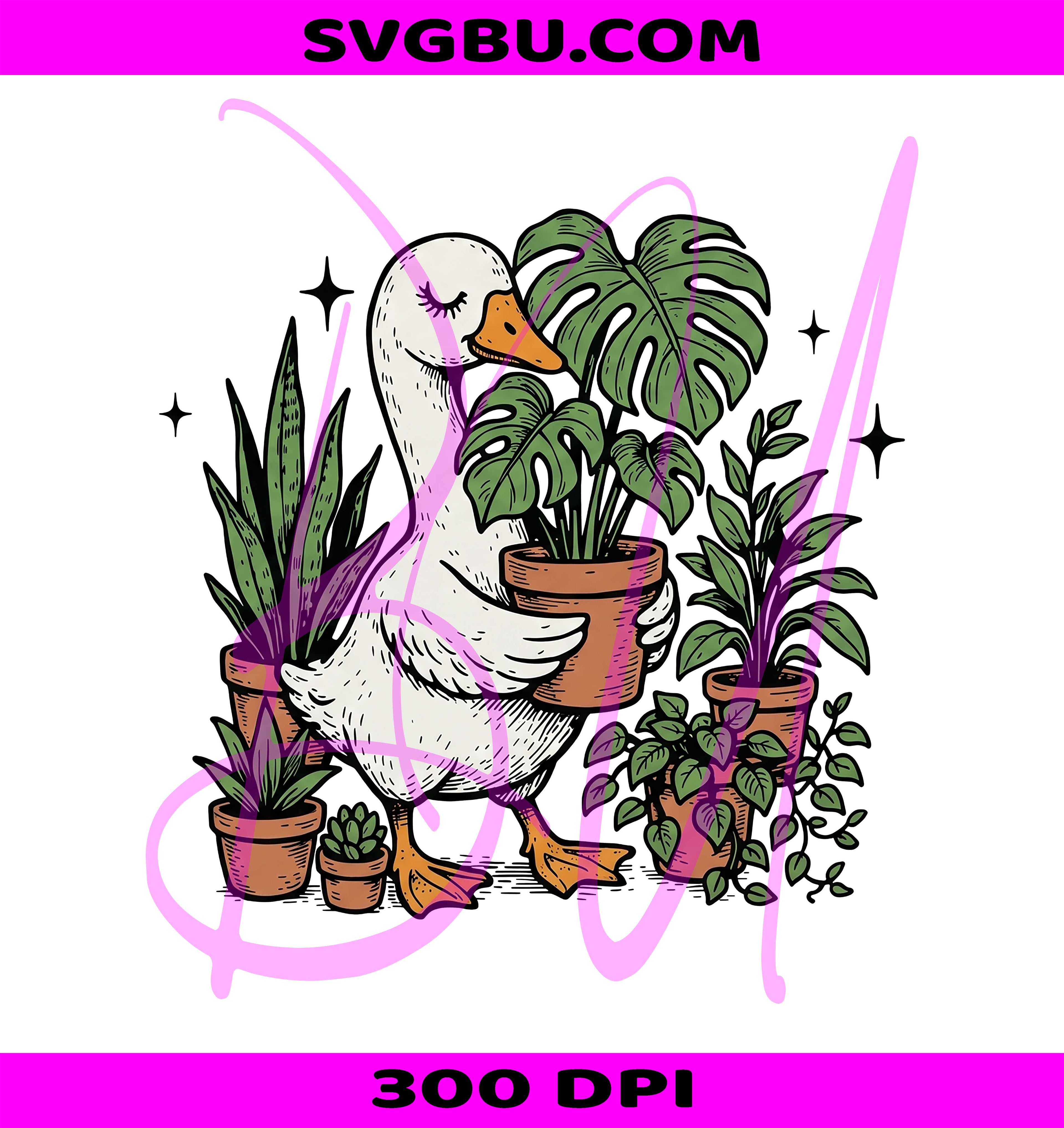 Cute Goose Holding Plant PNG, Monstera Garden Design PNG