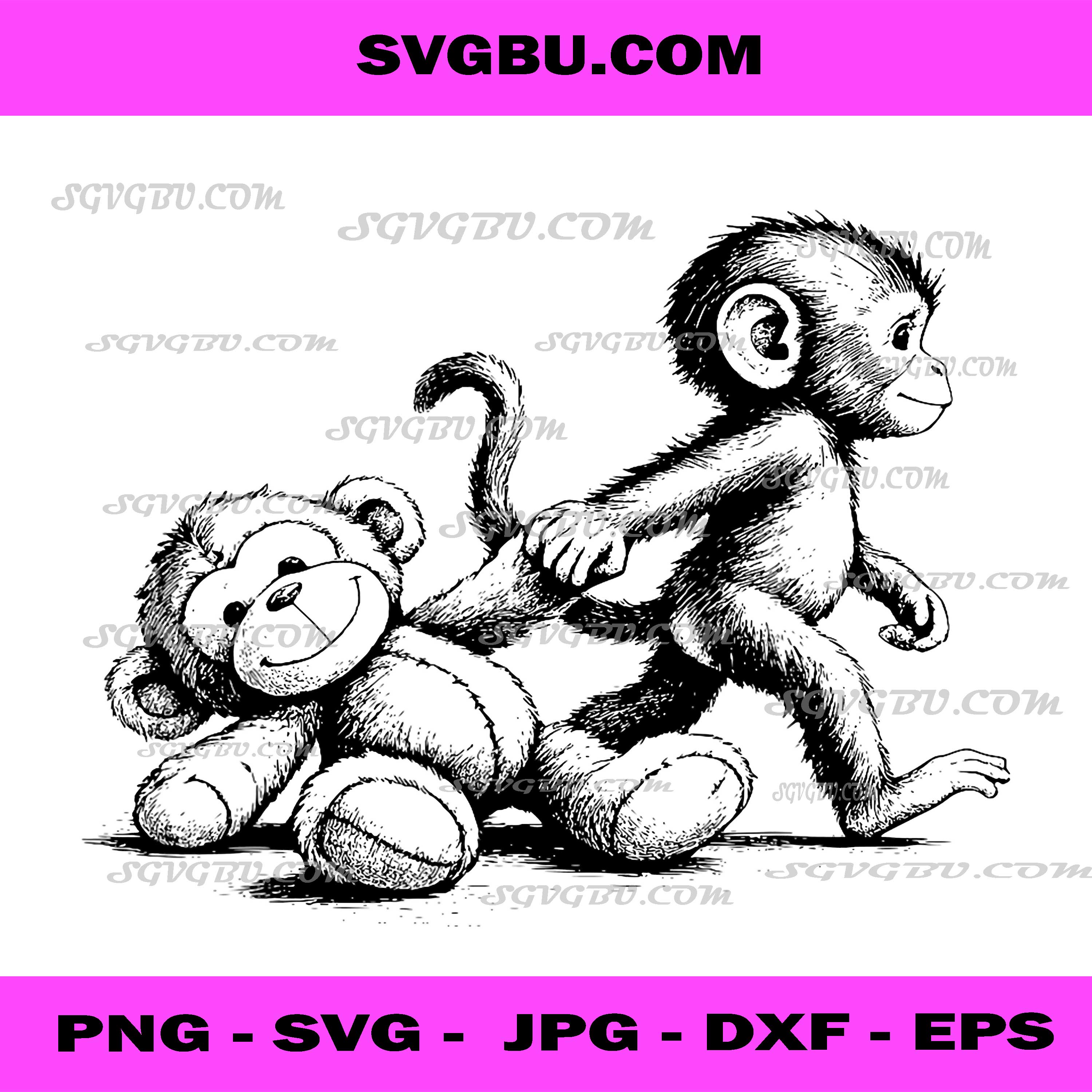 Cute Baby Monkey Carrying Teddy Bear PNG, Sketch Animal Art PNG