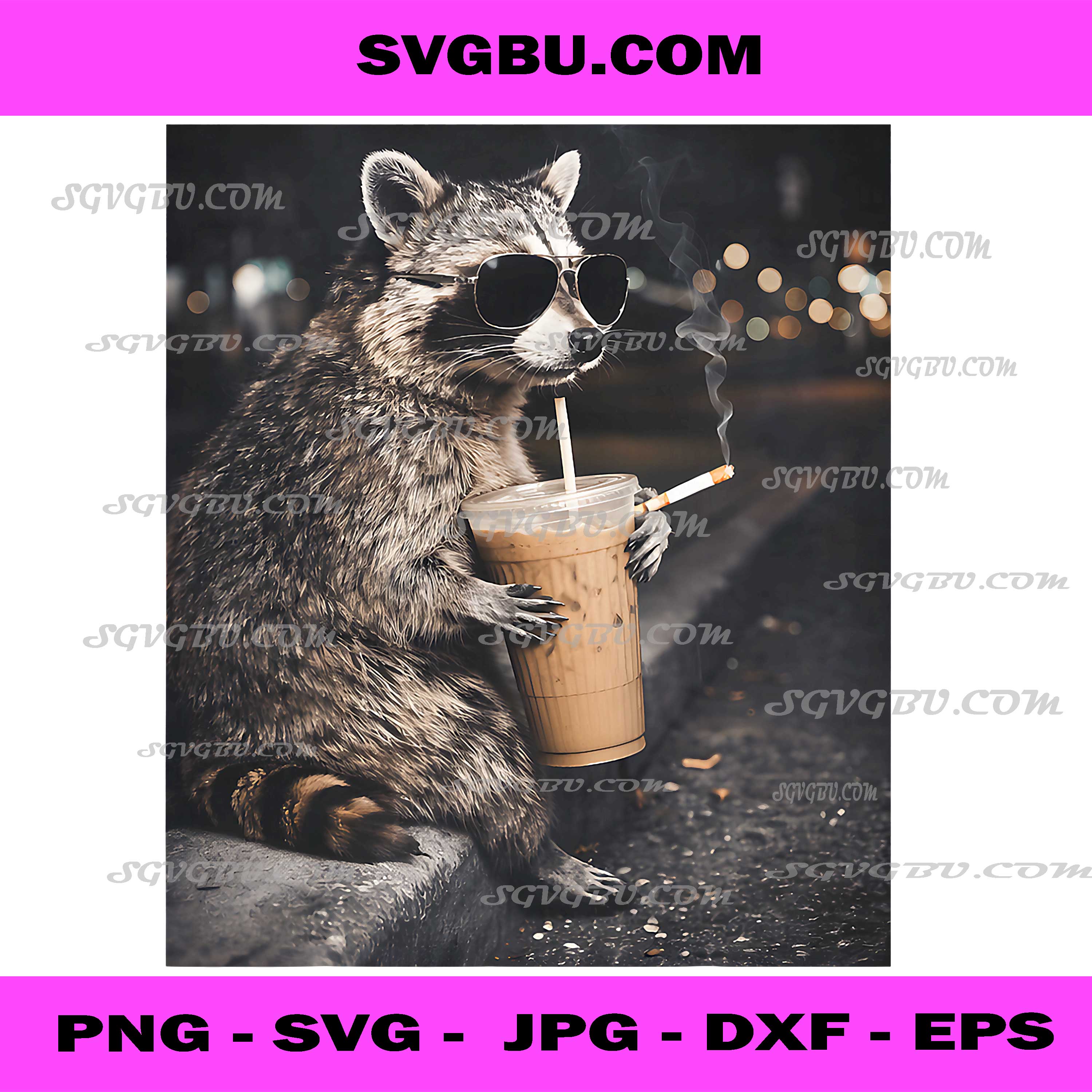 Cool Raccoon Smoking Cigarette Drinking Coffee PNG, Funny Animal PNG