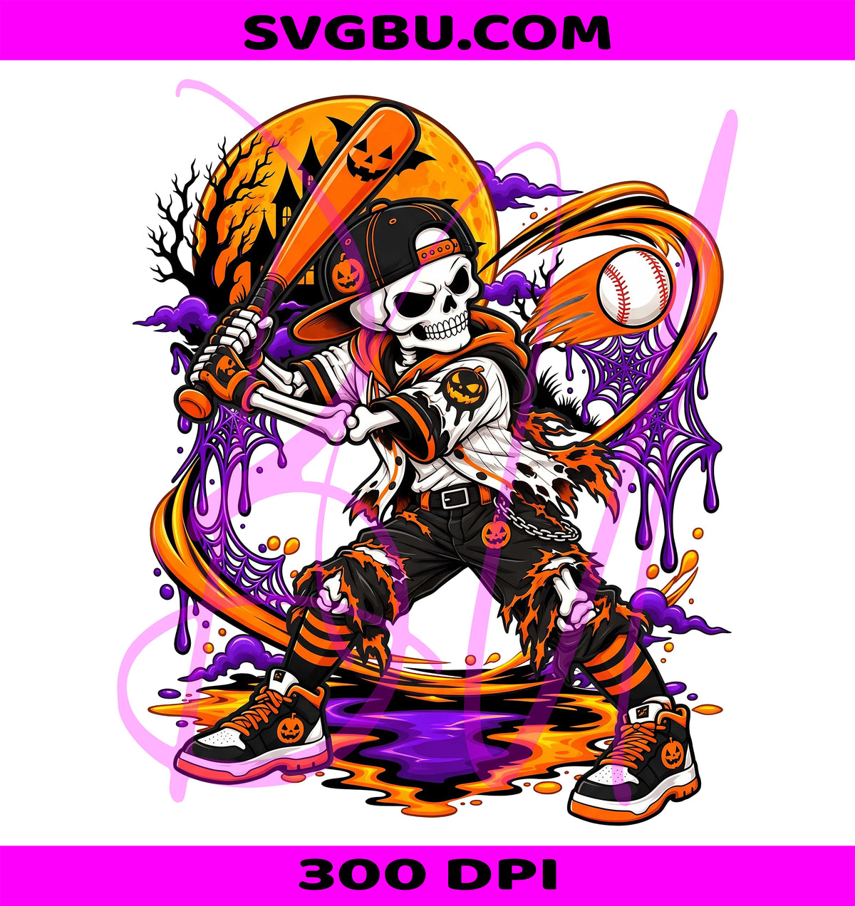 Halloween Baseball Skeleton PNG, Spooky Kids Player PNG, Pumpkin Sports PNG