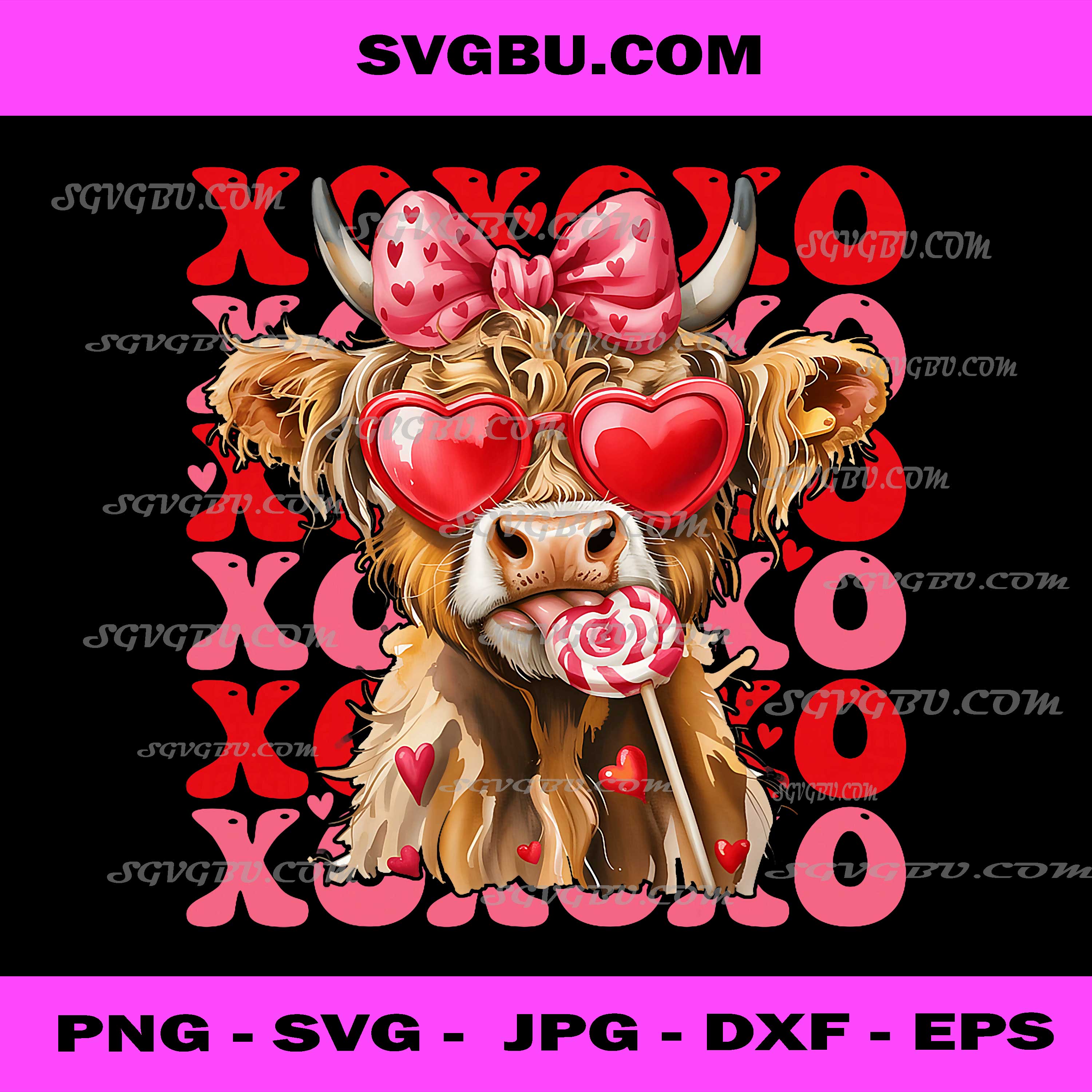 Valentine XOXO Highland Cow Cute Coquette Bow Western PNG