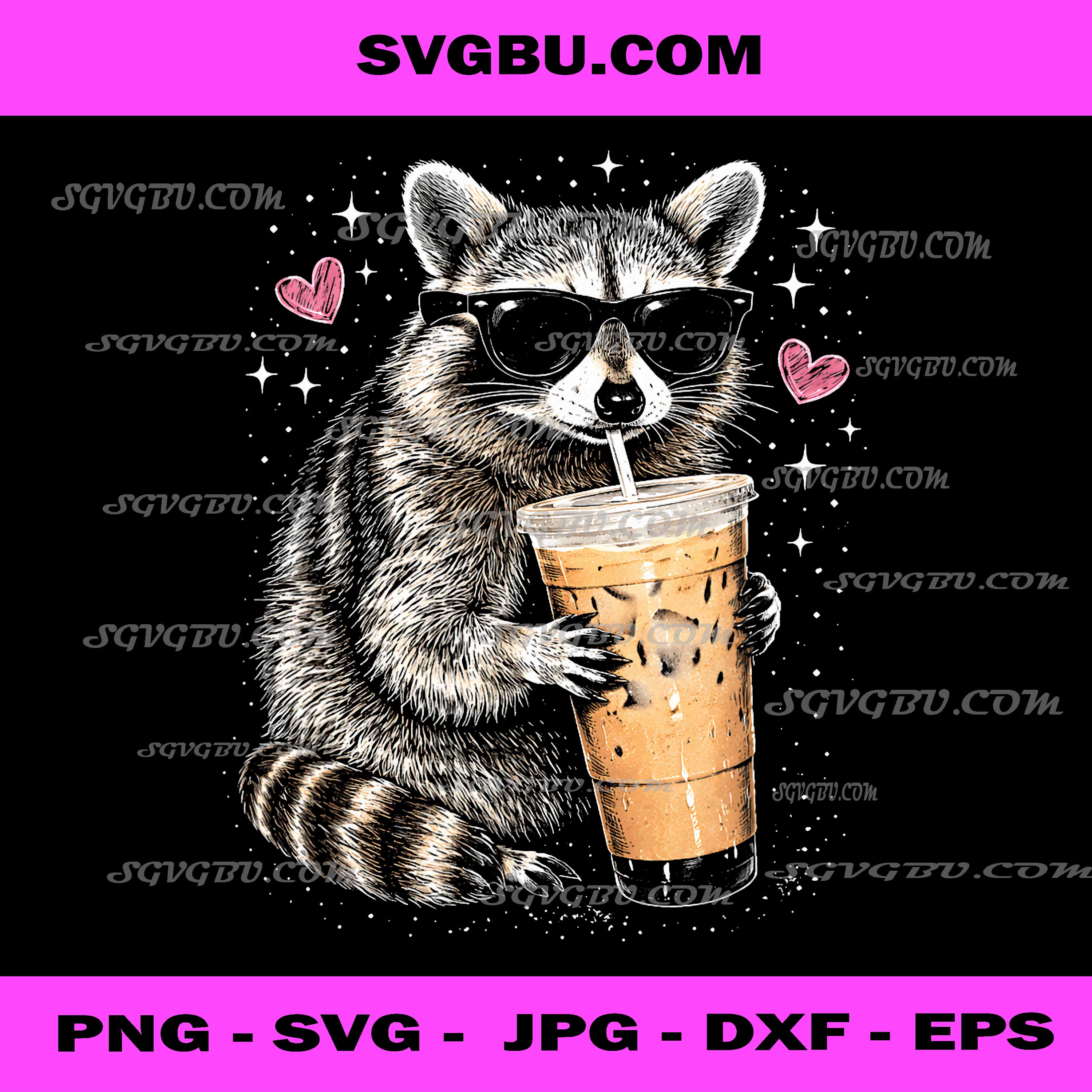 Cute Raccoon Sunglasses Drinking Iced Coffee PNG, Funny Animal PNG