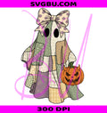 Cute Patchwork Ghost Halloween PNG, Coquette Pumpkin Design PNG