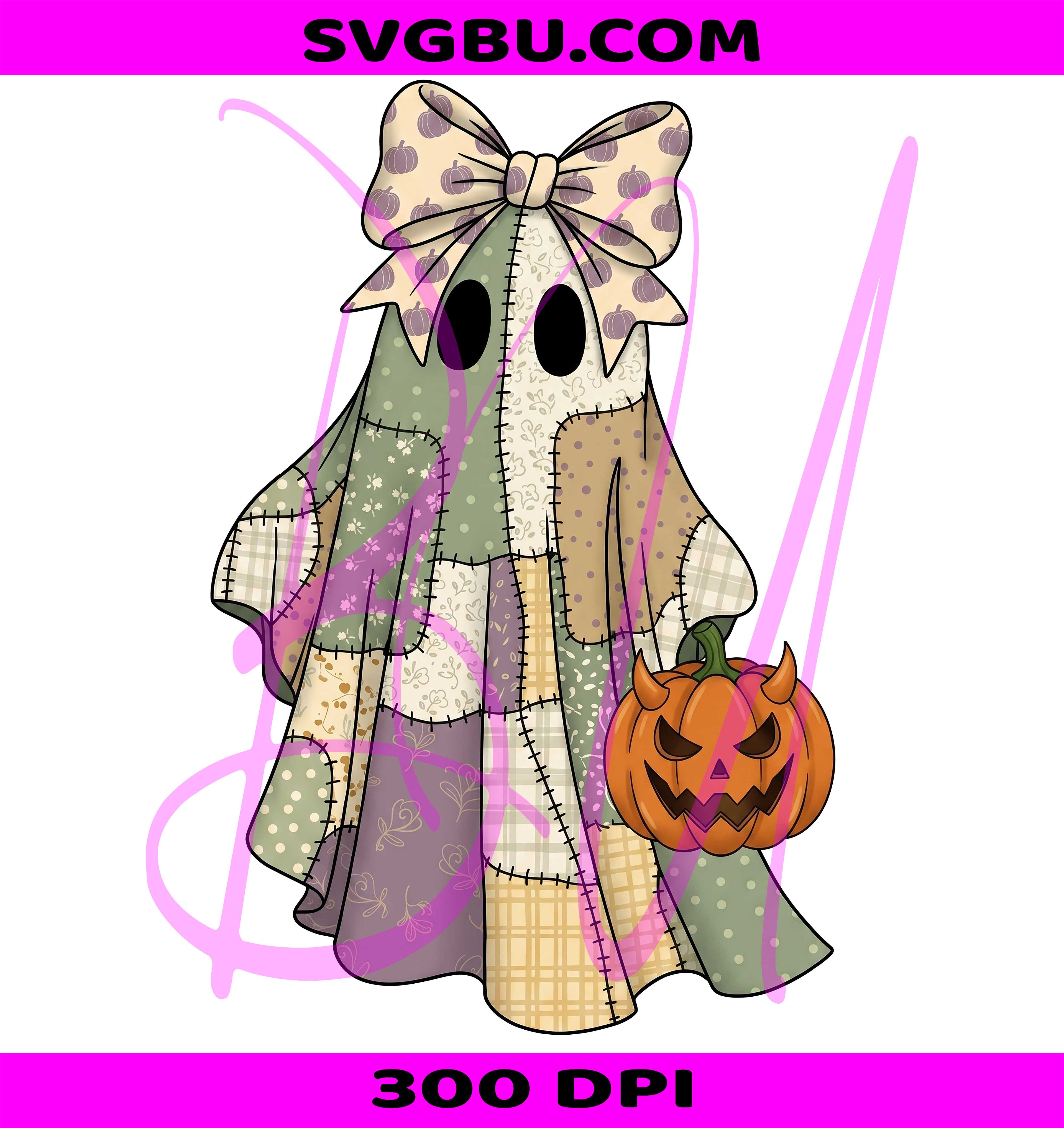 Cute Patchwork Ghost Halloween PNG, Coquette Pumpkin Design PNG