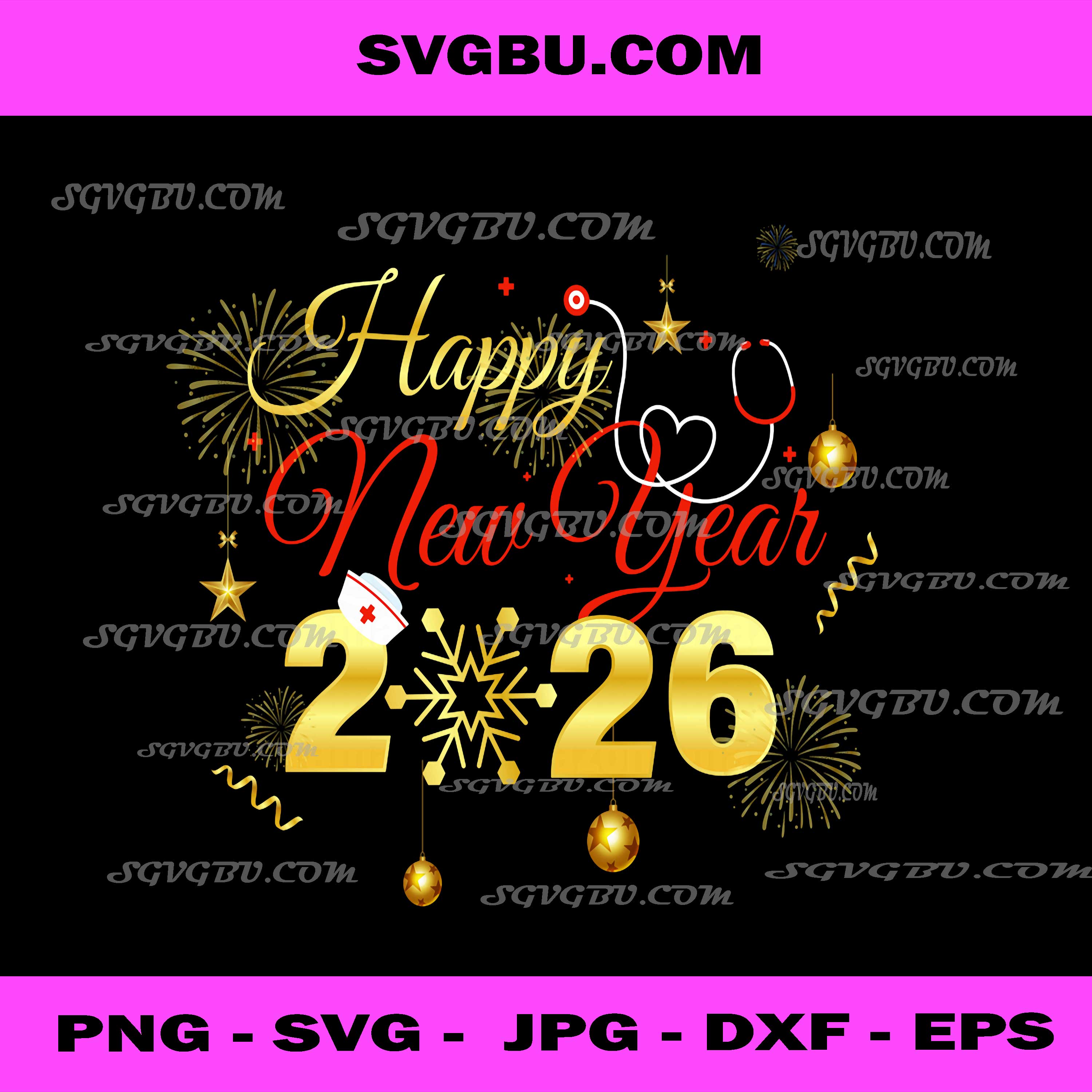 Happy New Year 2026 Fireworks, Nurse Stethoscope, NYE Party PNG