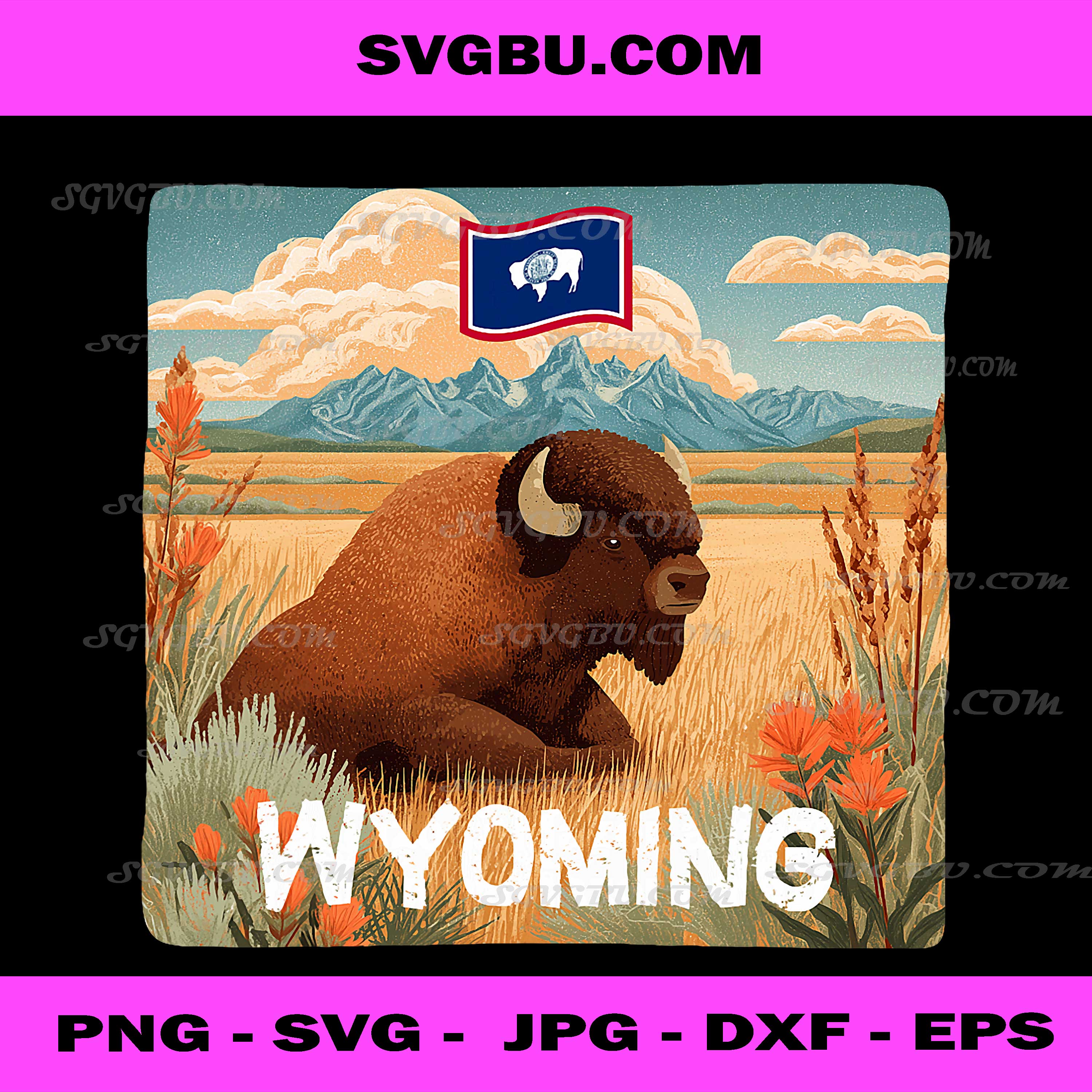 Beautiful Wyoming Nature with Bison Graphic PNG