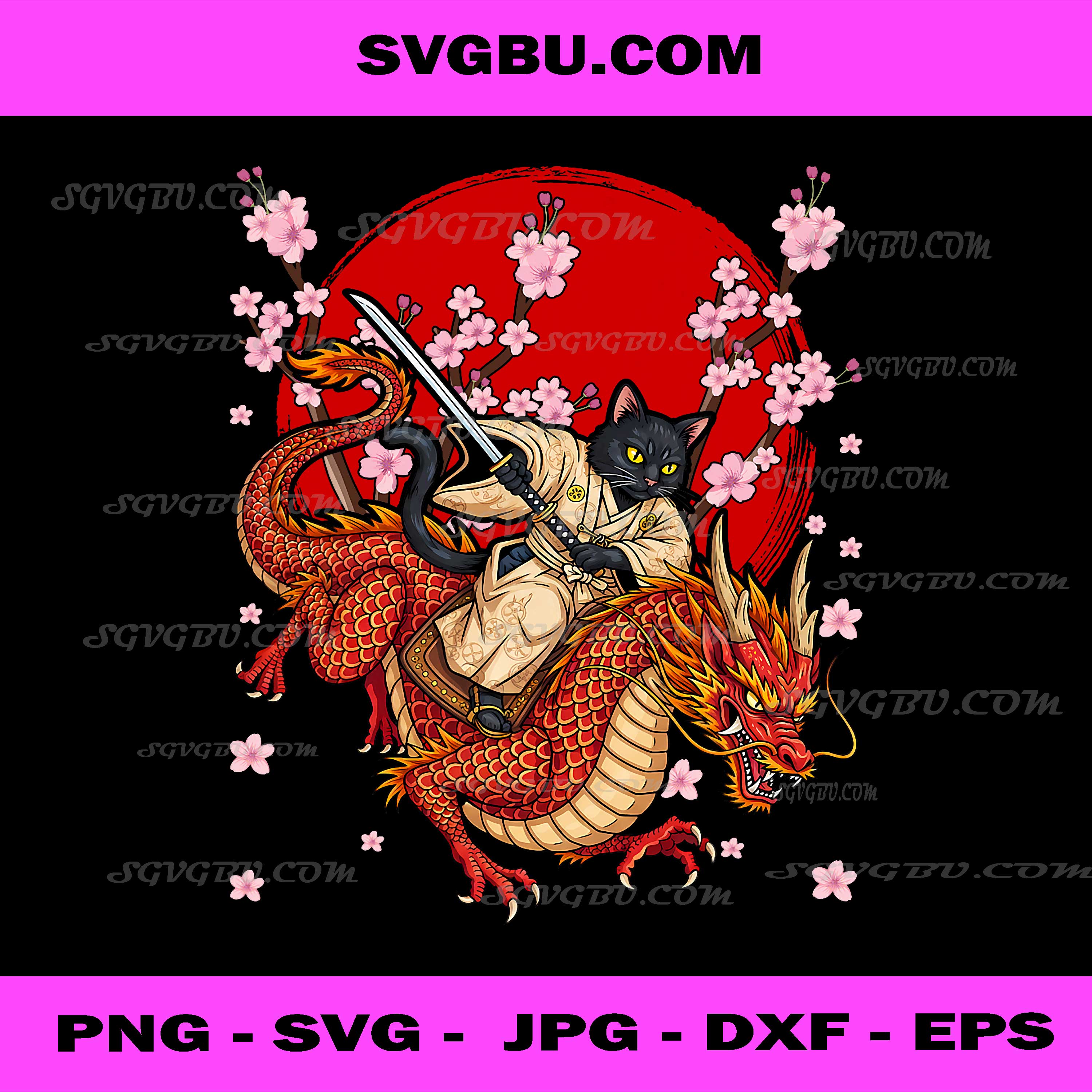 Vintage Japanese Samurai Cat PNG, Ninja Dragon Kawaii Anime Lover PNG