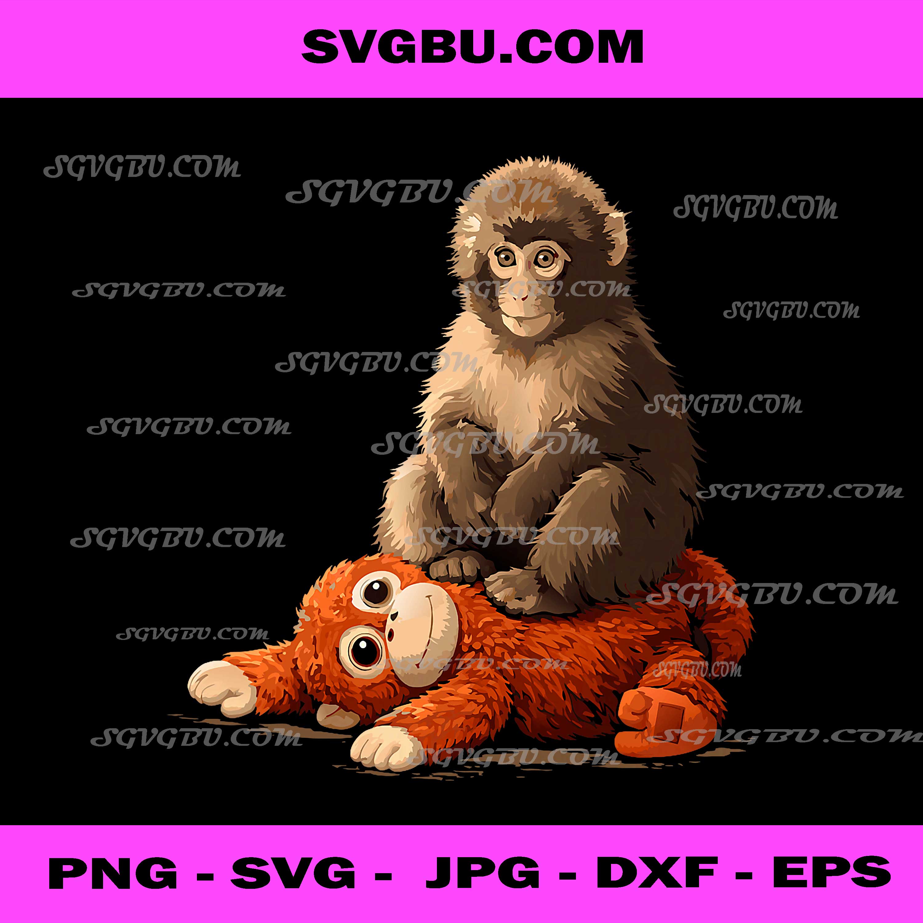 Cute Monkey Sitting on Orangutan Teddy Bear PNG, Baby Animal PNG
