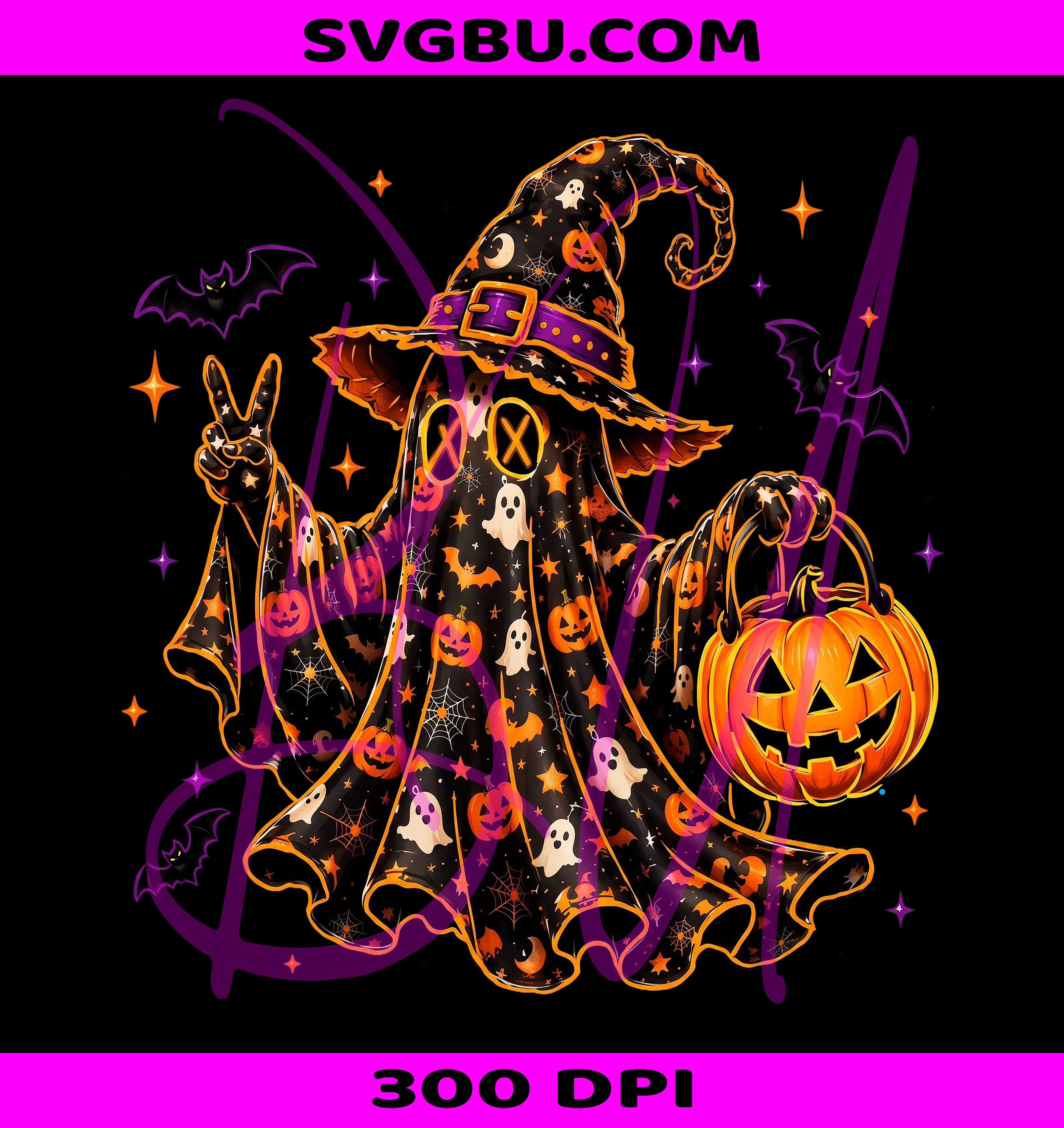 Halloween Ghost PNG, Spooky Witch Ghost PNG, Retro Pumpkin PNG