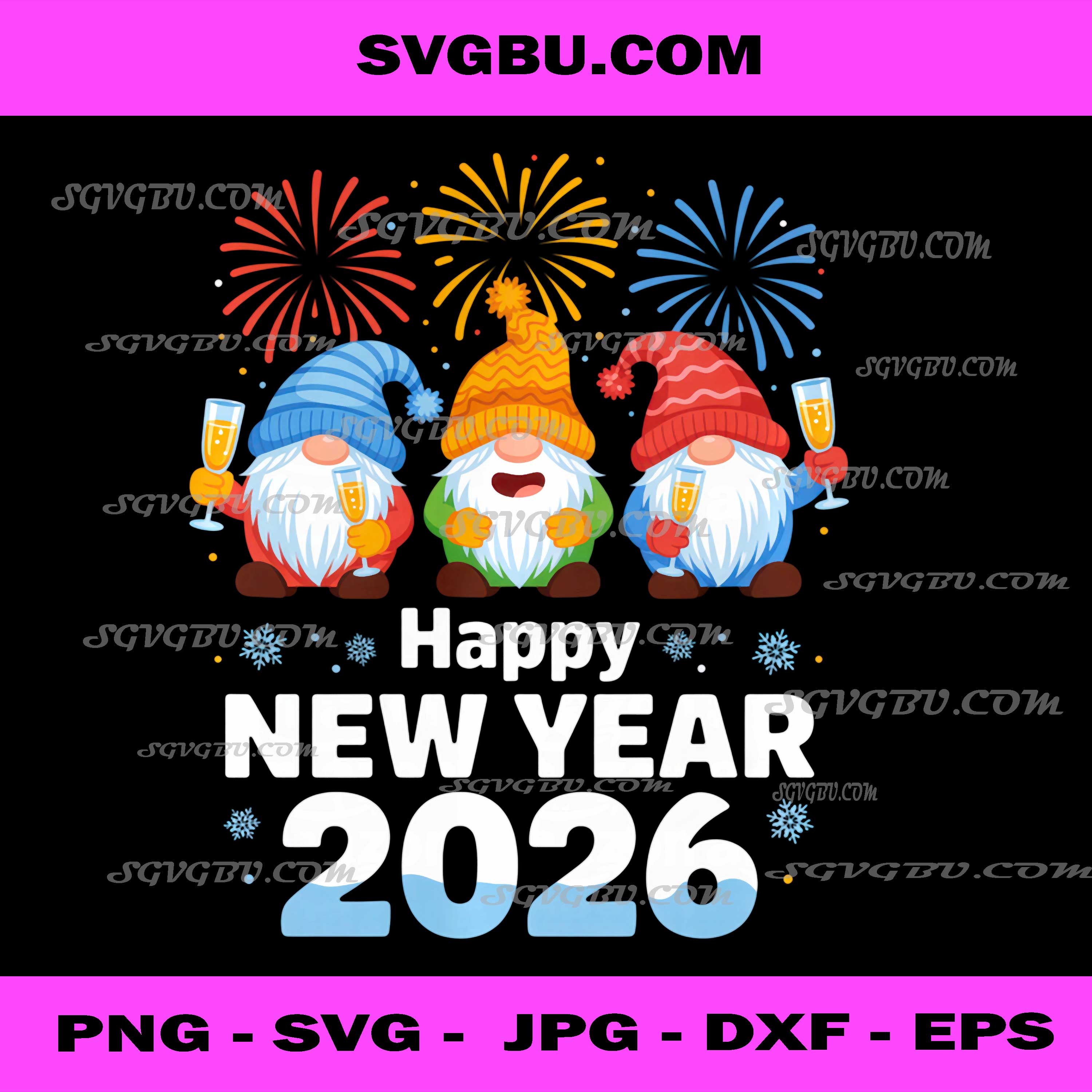 Happy New Year 2026 PNG, Gnome With Fireworks And Champagne PNG