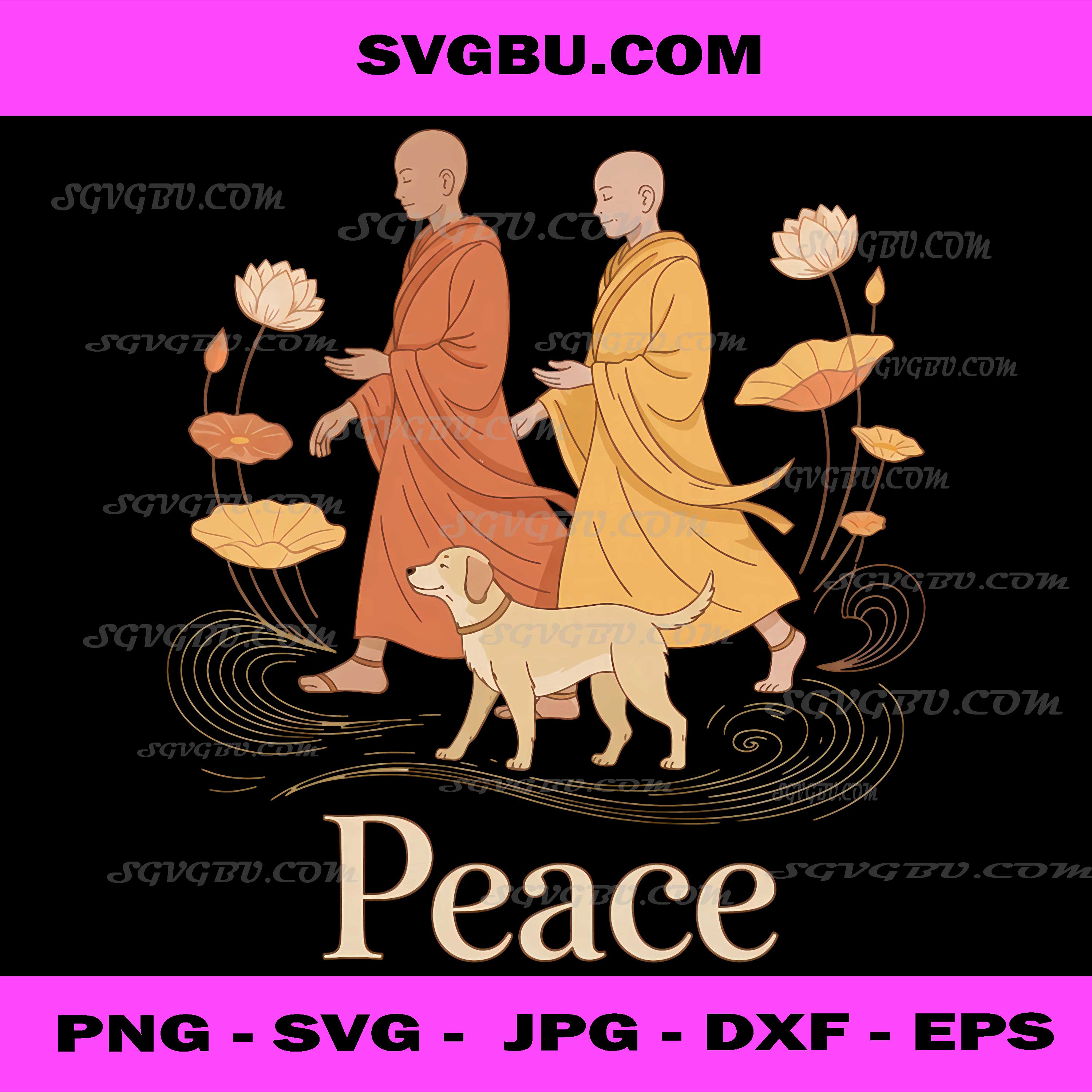 Buddhist Monks Walking With Dog Peace PNG, Zen Spiritual Art PNG
