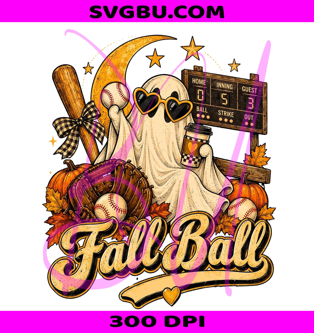 Fall Ball Baseball PNG, Cute Ghost Pumpkin PNG, Autumn Sports PNG