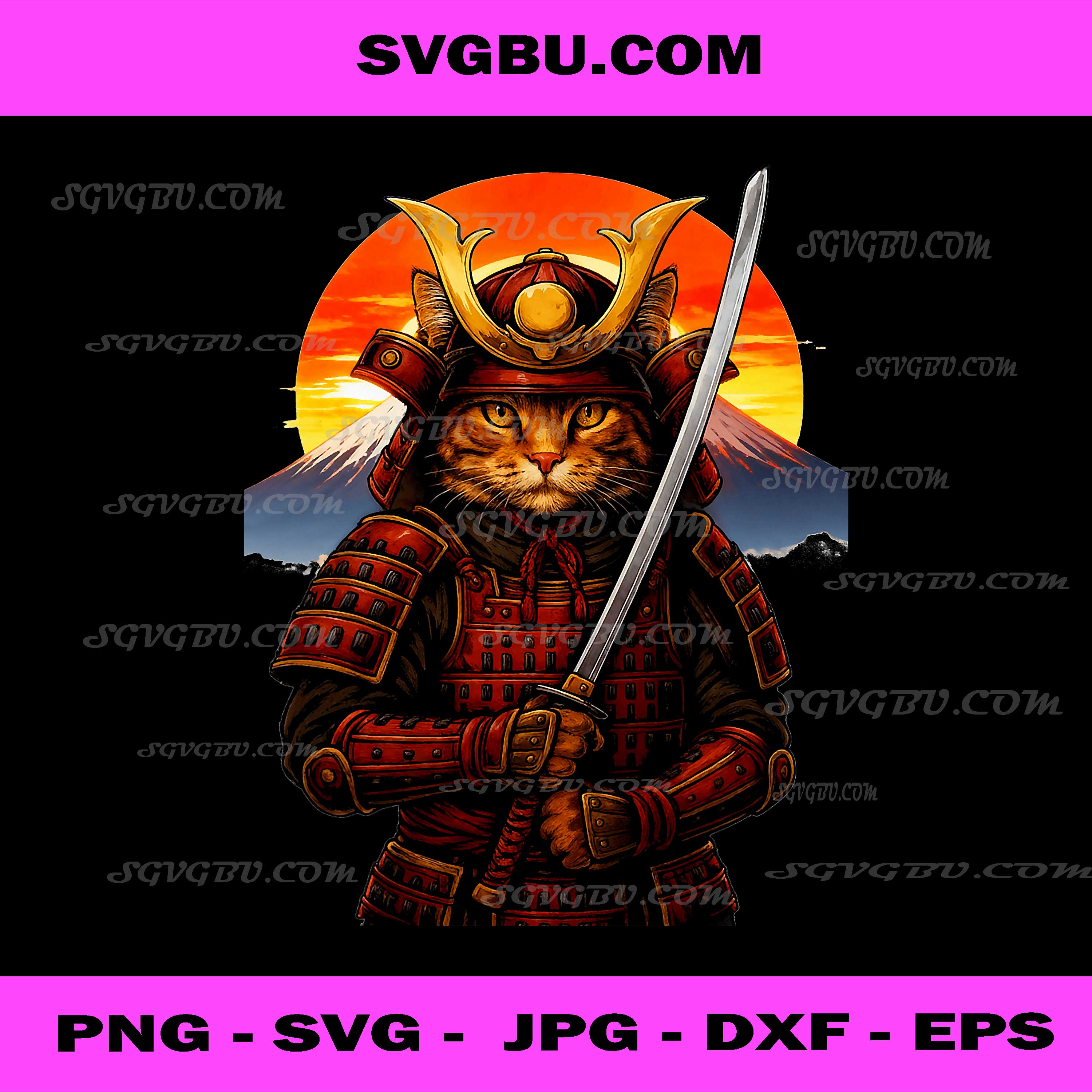 Vintage Japanese Samurai Cat PNG, Kitten Warrior with Katana Sunset PNG
