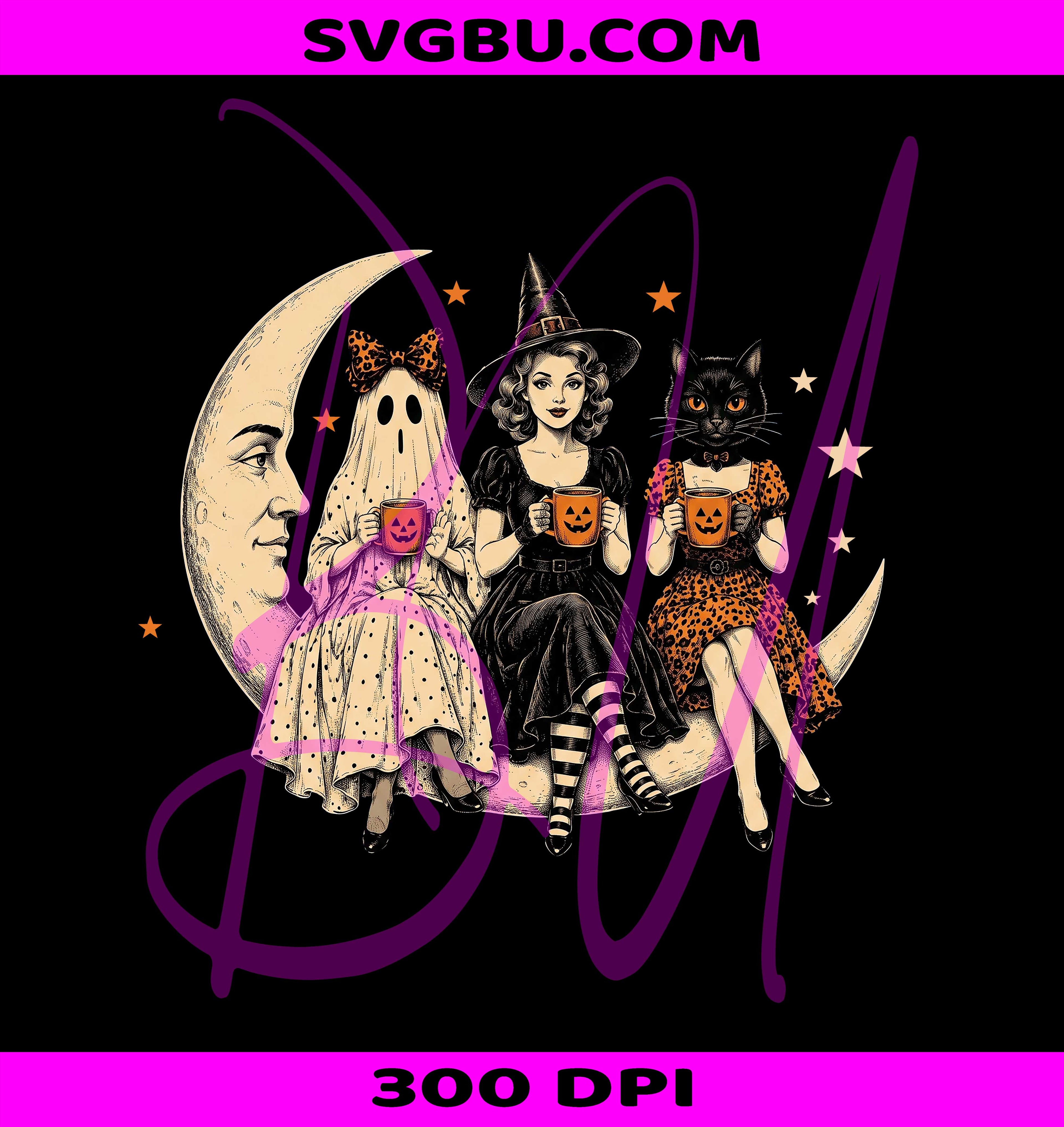 Halloween Girl Squad PNG, Witch Ghost Cat PNG, Retro Spooky PNG